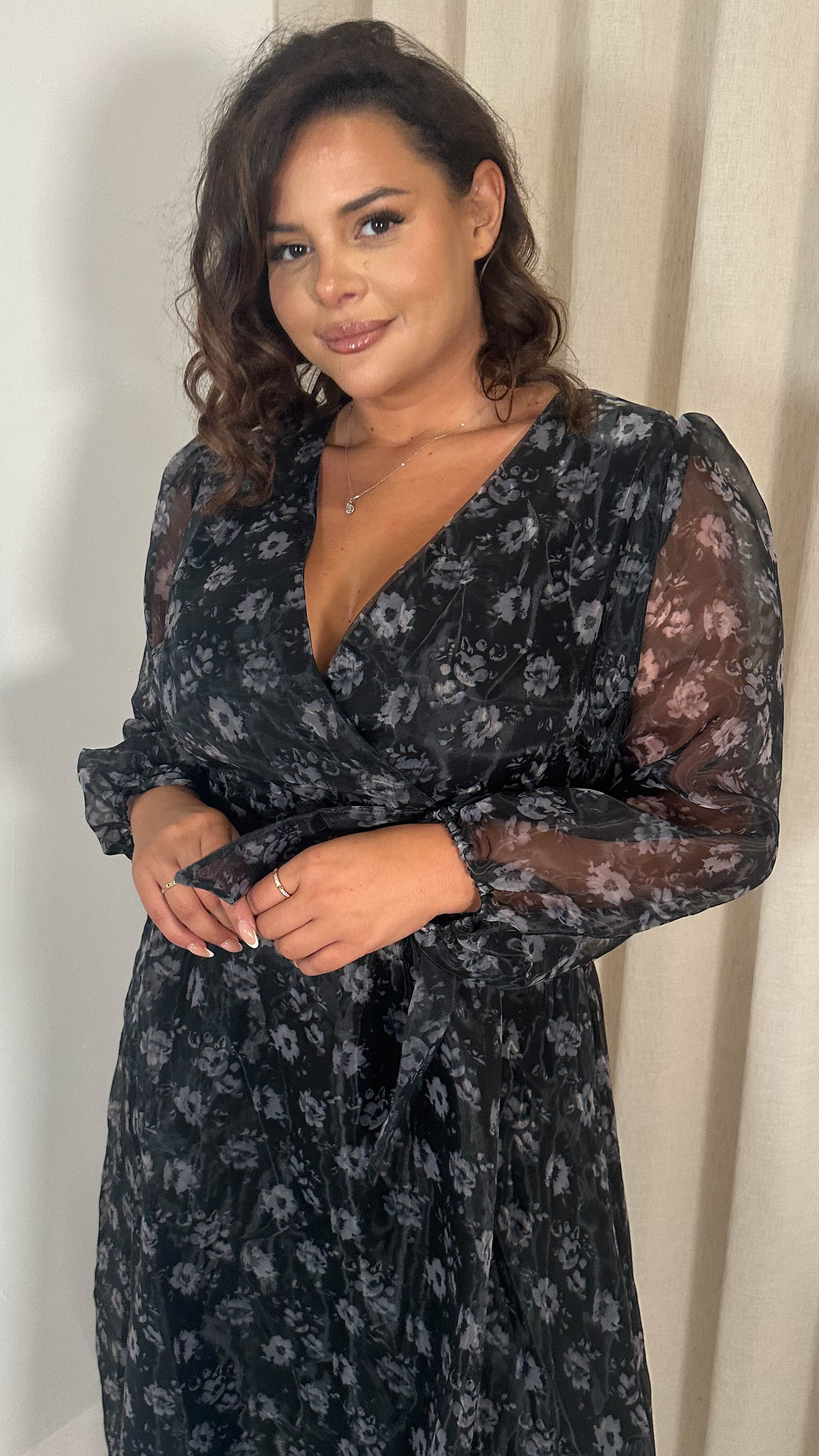 CurveWow Full Organza Printed Wrap Dress Black Floral
