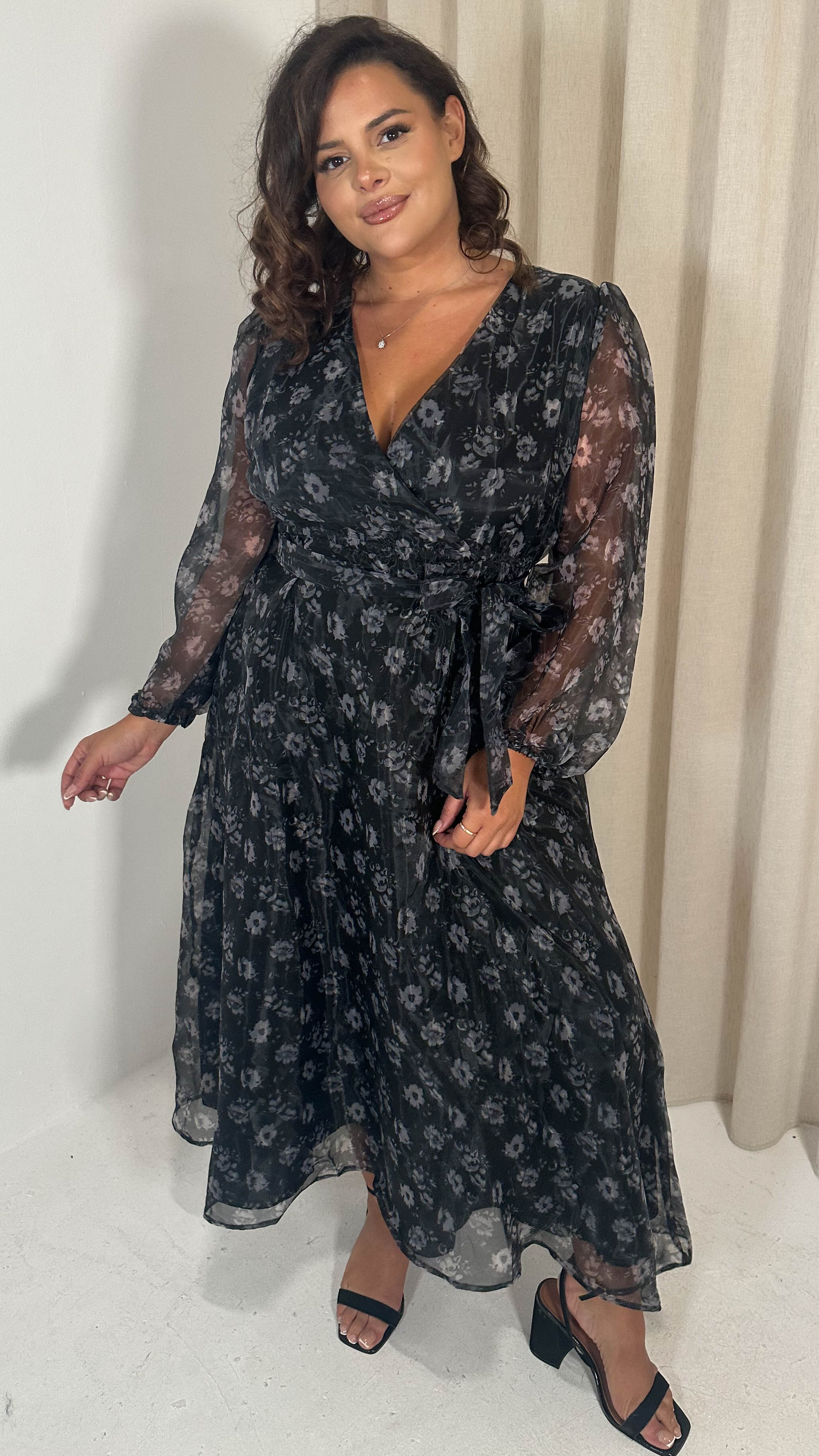 CurveWow Full Organza Printed Wrap Dress Black Floral