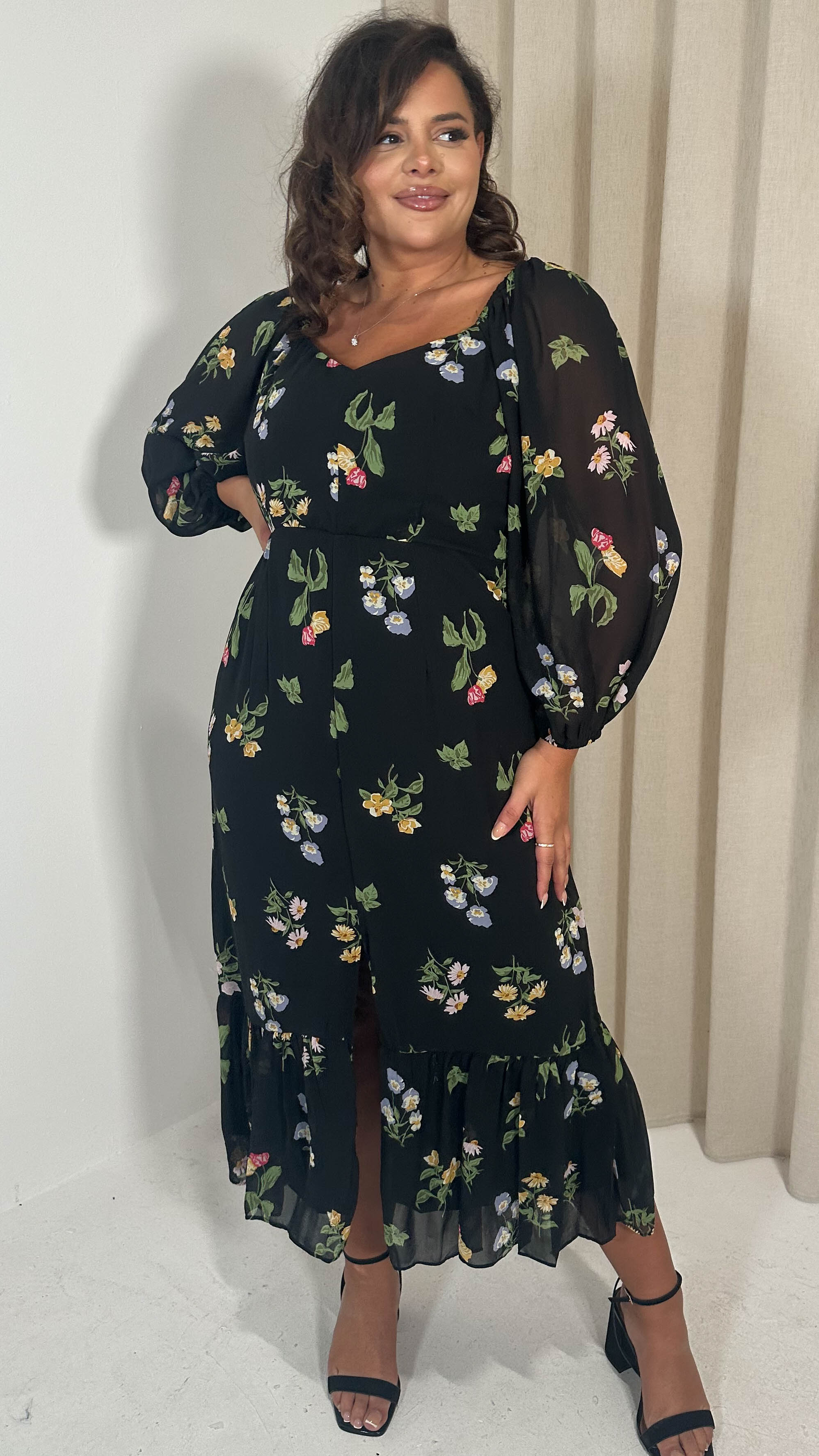 CurveWow Floral Milkmaid Dress Black Multi Curvewow CurveWow Floral Milkmaid Dress Black Multi Curvewow