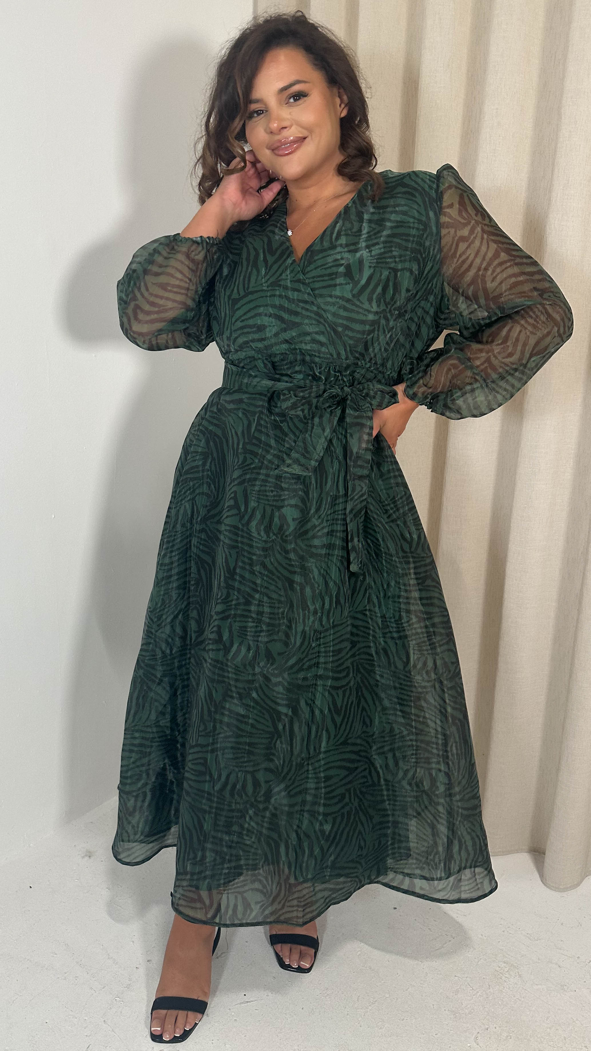 CurveWow Full Organza Printed Wrap Dress Green Zebra Curvewow CurveWow Full Organza Printed Wrap Dress Green Zebra Curvewow