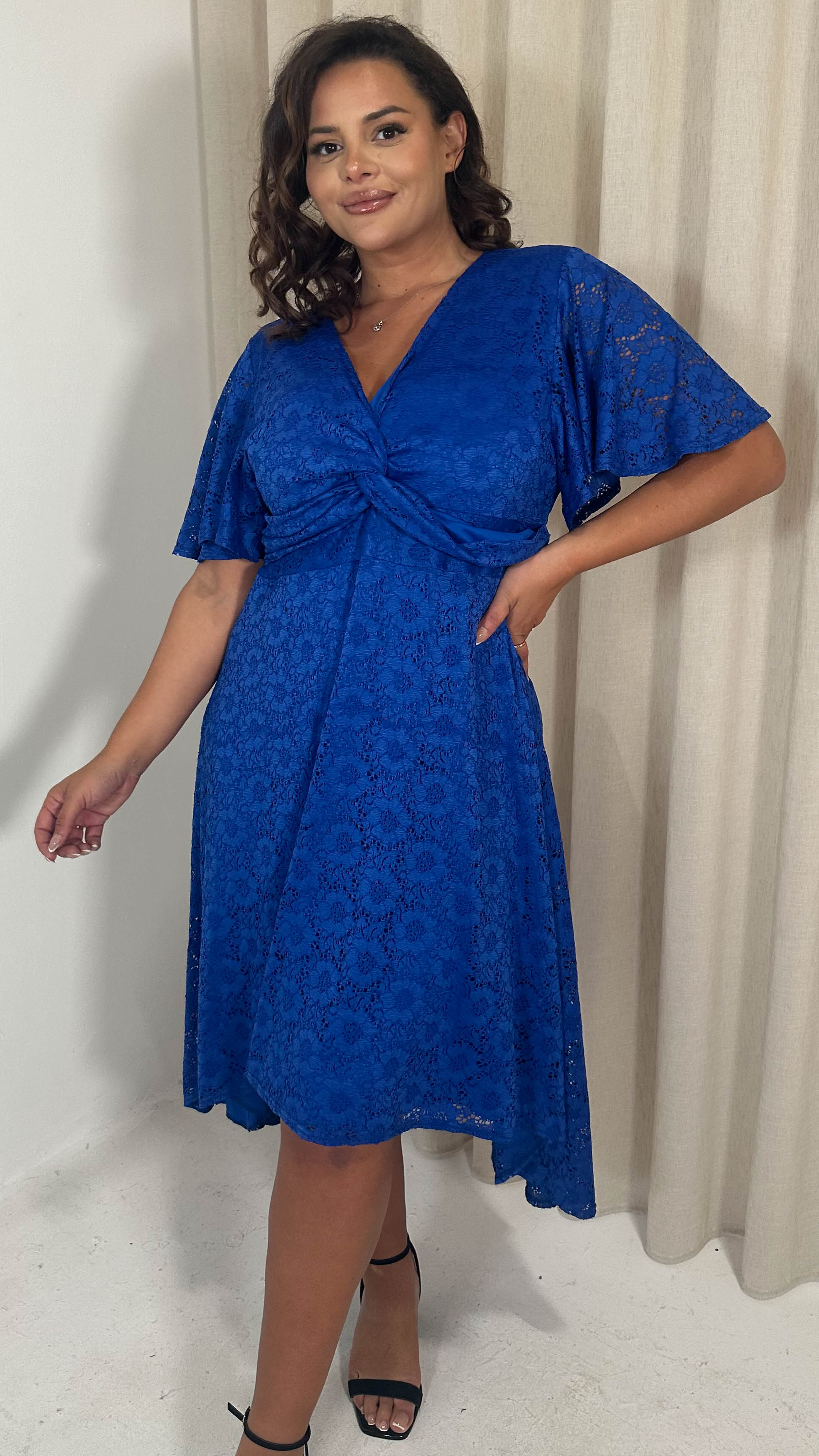 CurveWow Lace Dipped Hem Knot Front Dress Blue Curvewow CurveWow Lace Dipped Hem Knot Front Dress Blue Curvewow