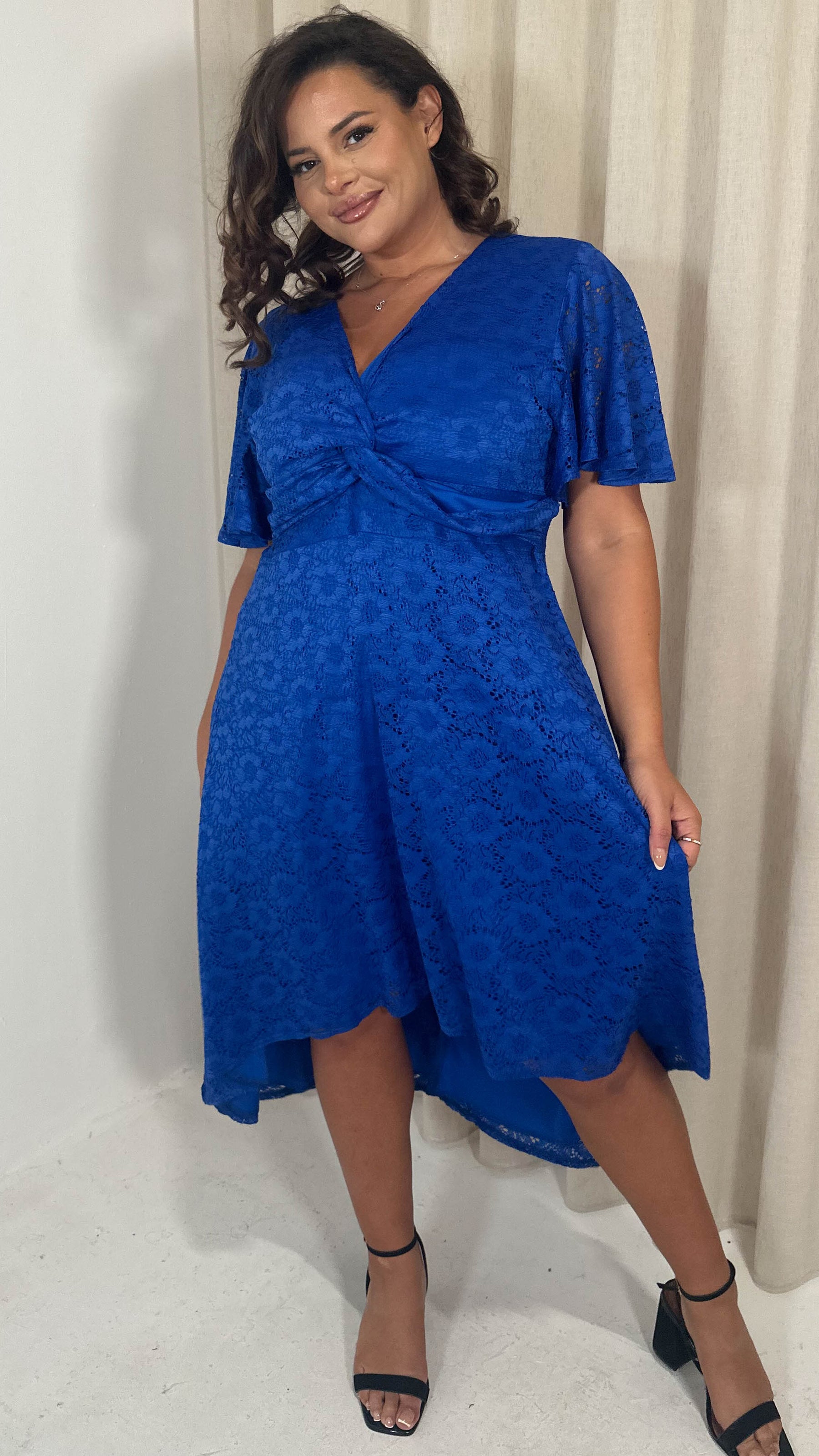 navy lace dip hem dress Plus Size Lace Bodice Detail Dip Hem Dress in Blue