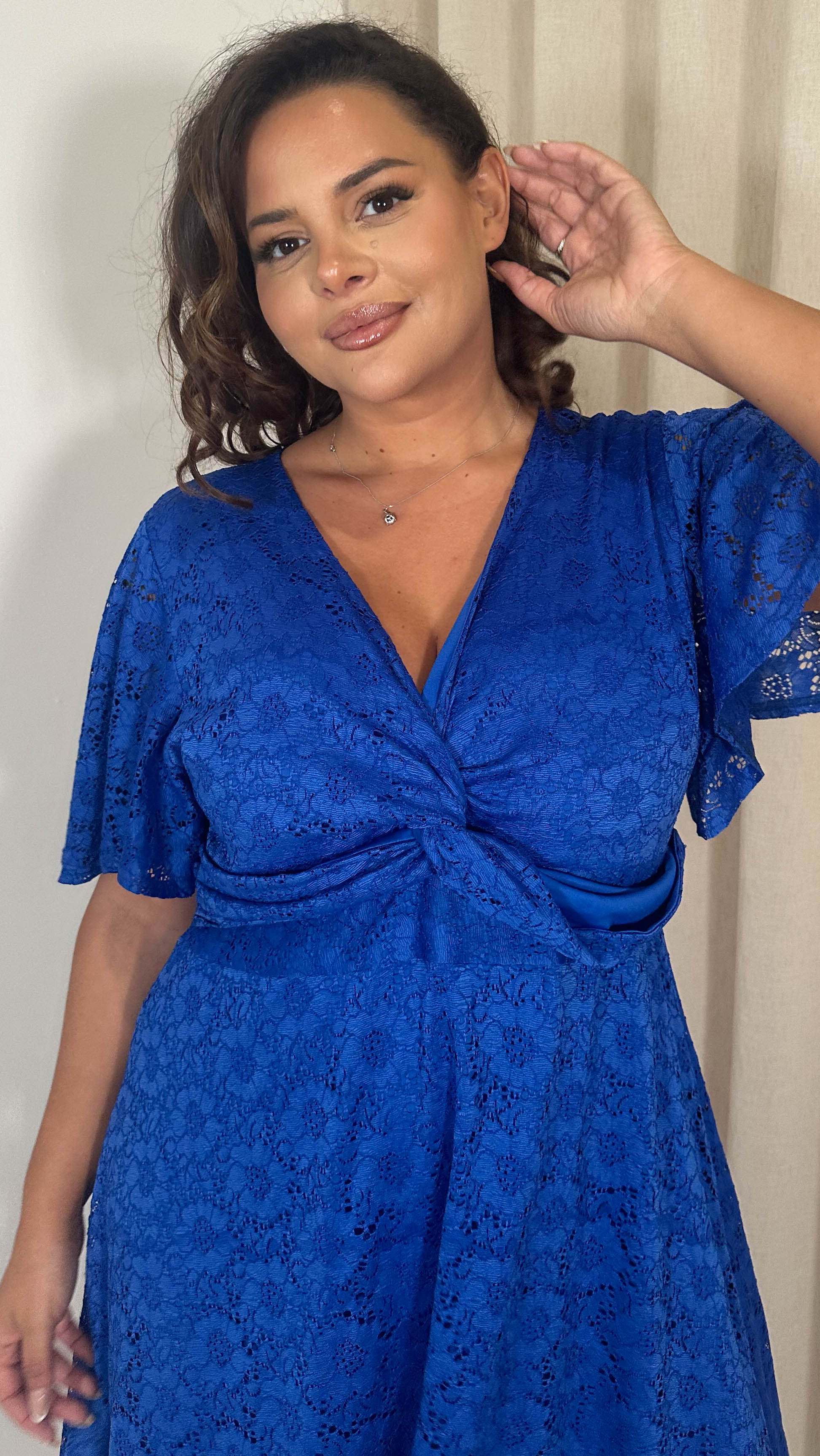 CurveWow Lace Dipped Hem Knot Front Dress Blue