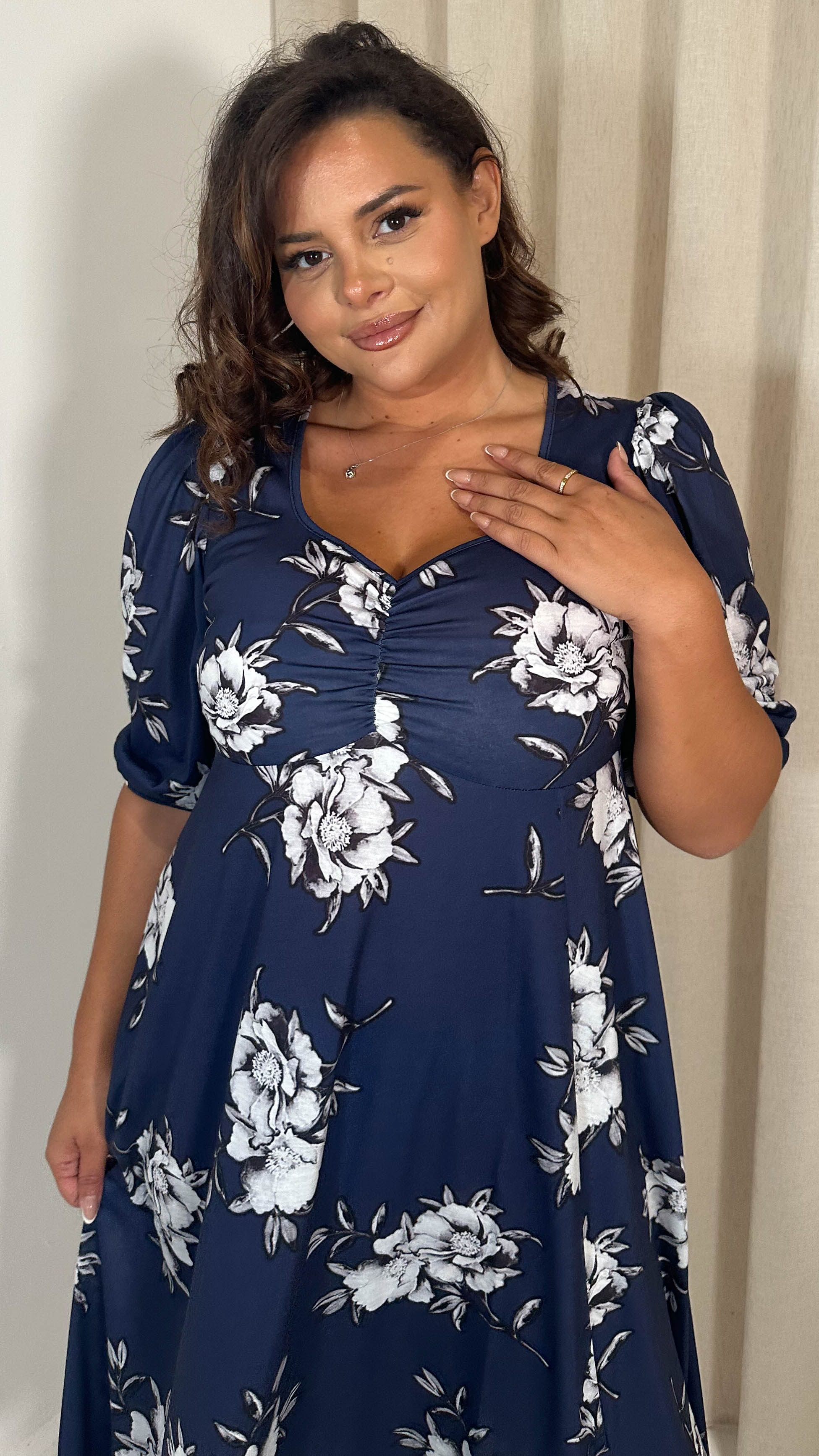CurveWow Sweetheart Split Front Midaxi Dress Navy Floral