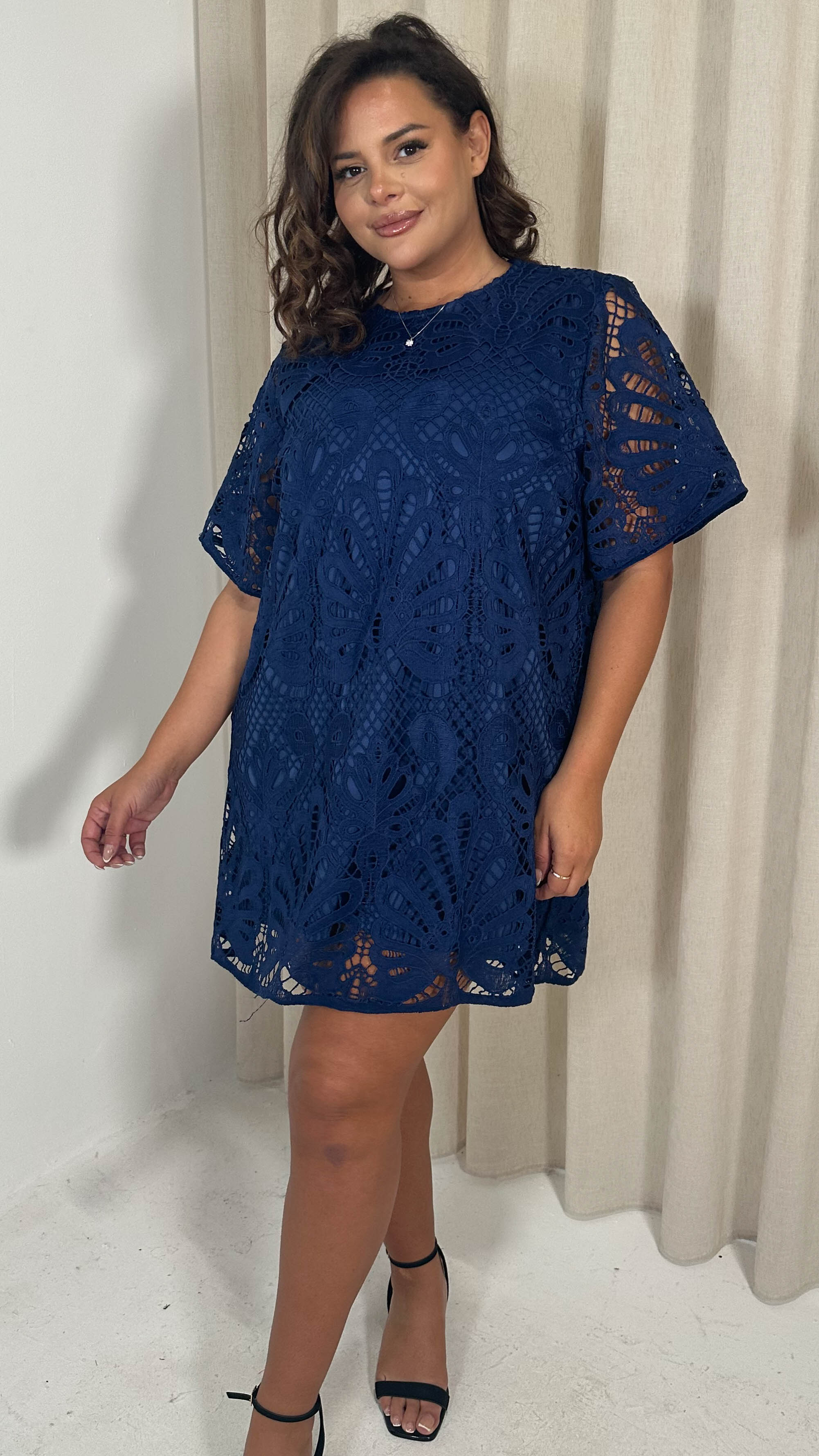 CurveWow Guipure Lace Shift Dress Navy