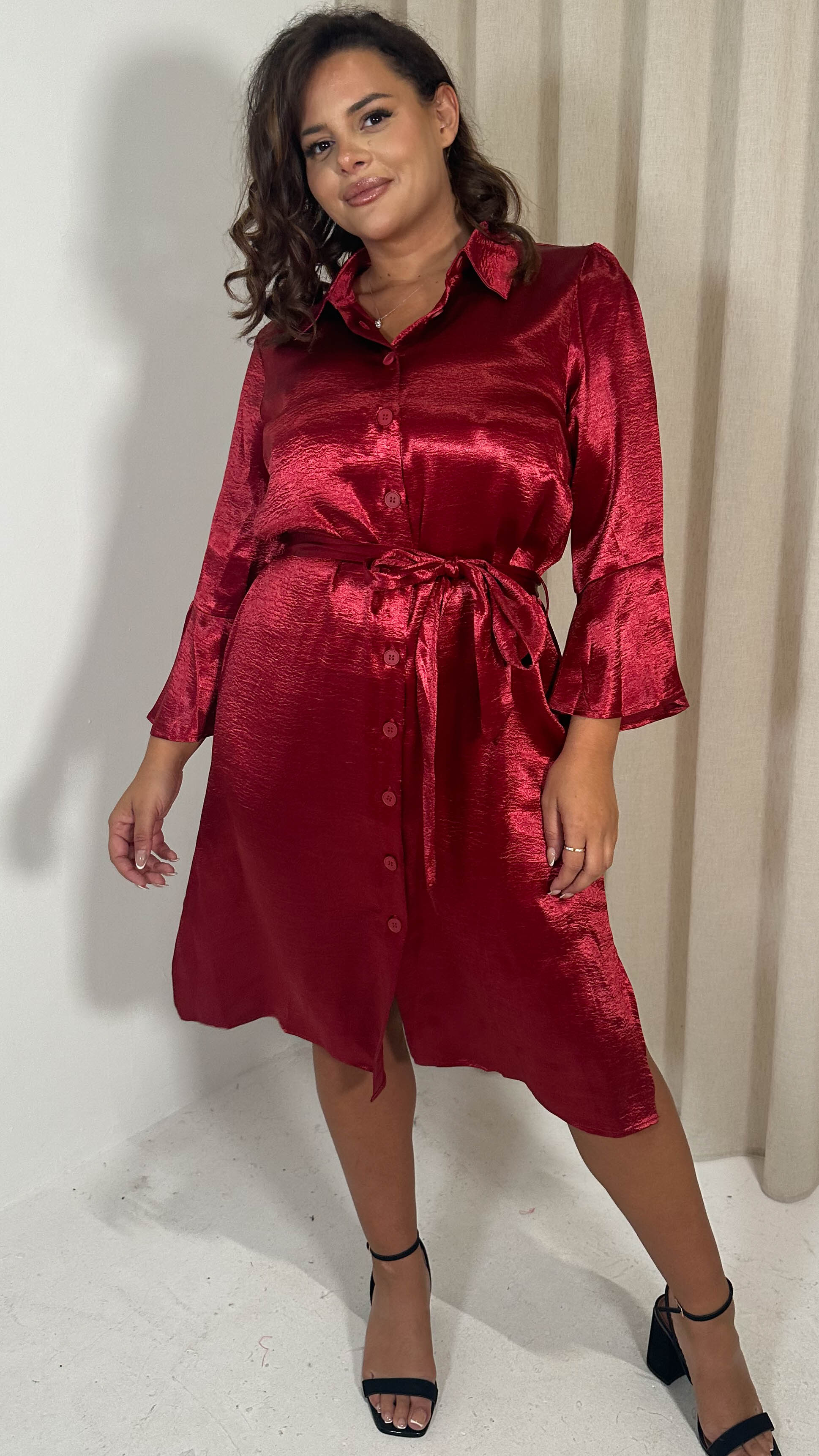 CurveWow Hammered Satin Longline Shirt Dress Wine Curvewow CurveWow Hammered Satin Longline Shirt Dress Wine Curvewow