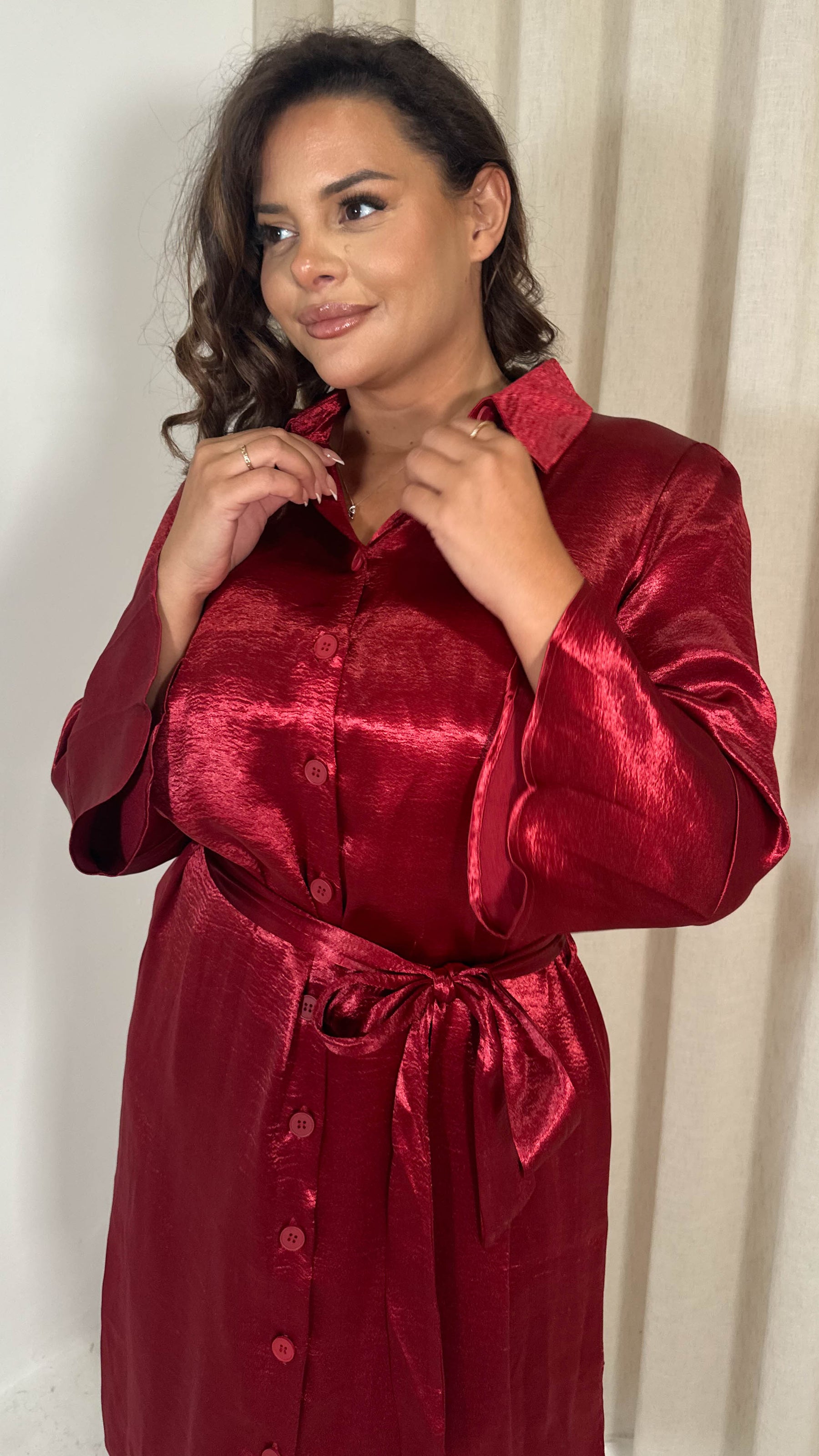 CurveWow Hammered Satin Longline Shirt Dress Wine Curvewow CurveWow Hammered Satin Longline Shirt Dress Wine Curvewow