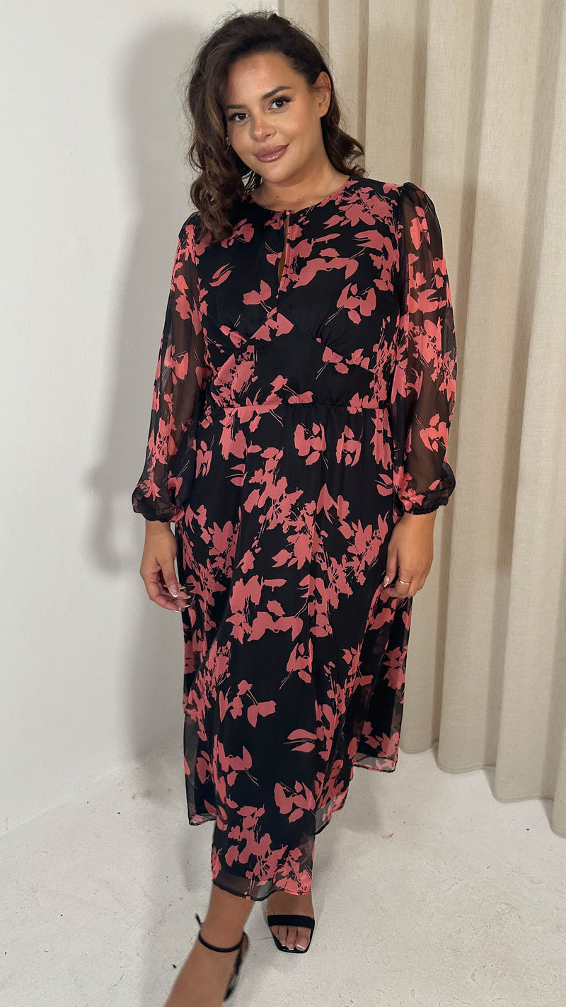 CurveWow Keyhole Midi Dress Black Pink Floral Curvewow CurveWow Keyhole Midi Dress Black Pink Floral Curvewow