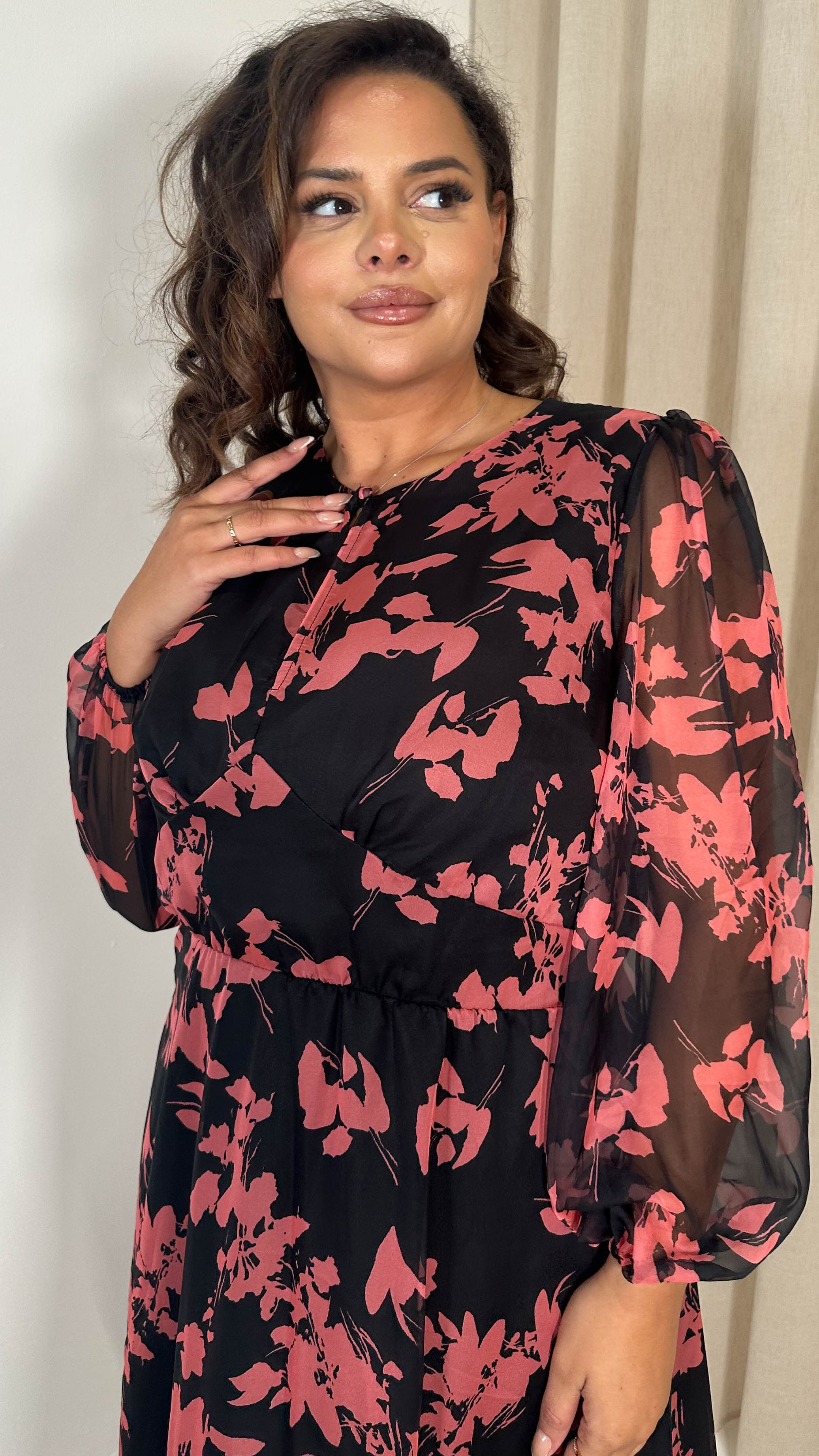 CurveWow Keyhole Midi Dress Black Pink Floral