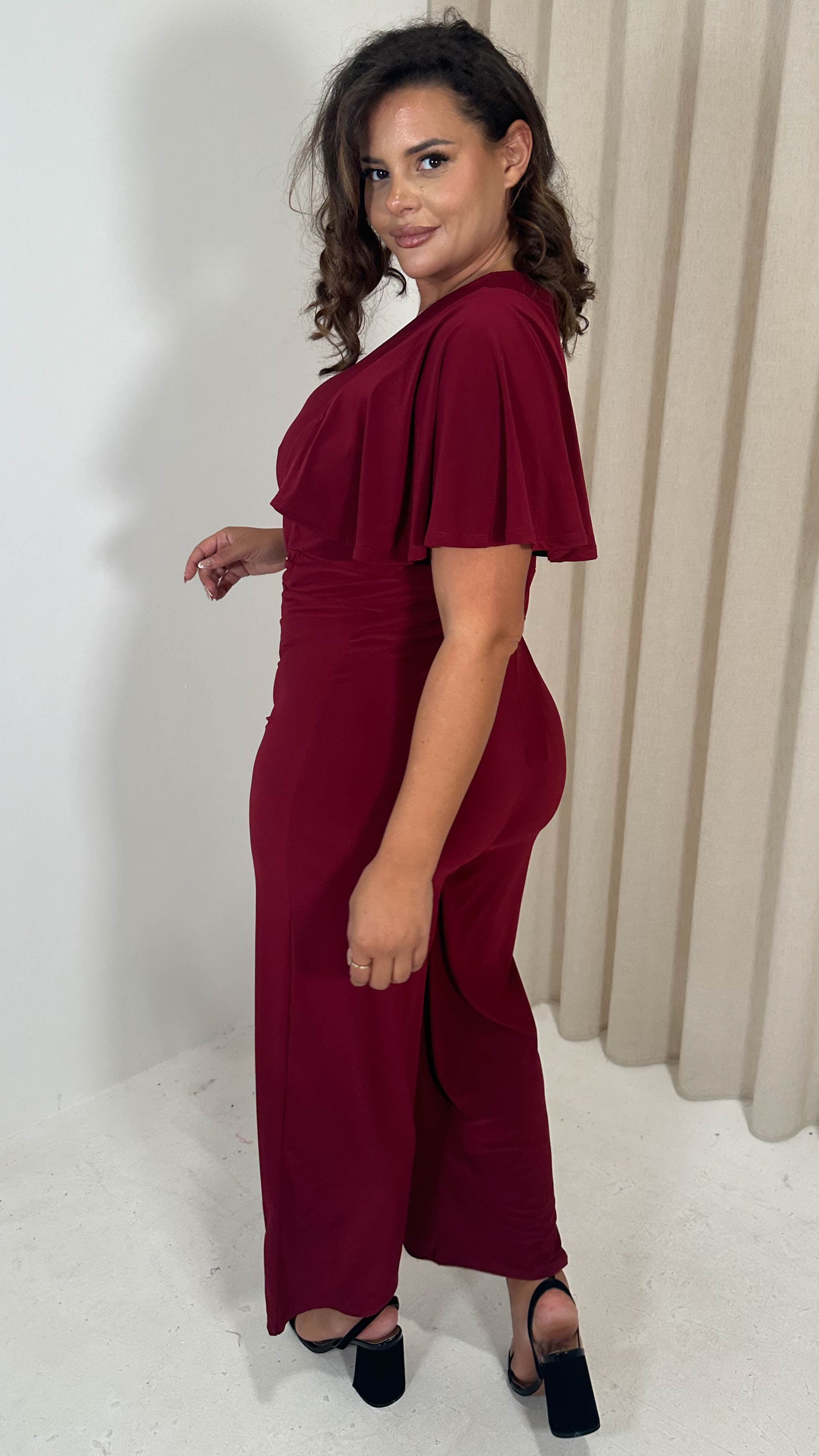 CurveWow Buckle Belt Wideleg Jumpsuit Wine