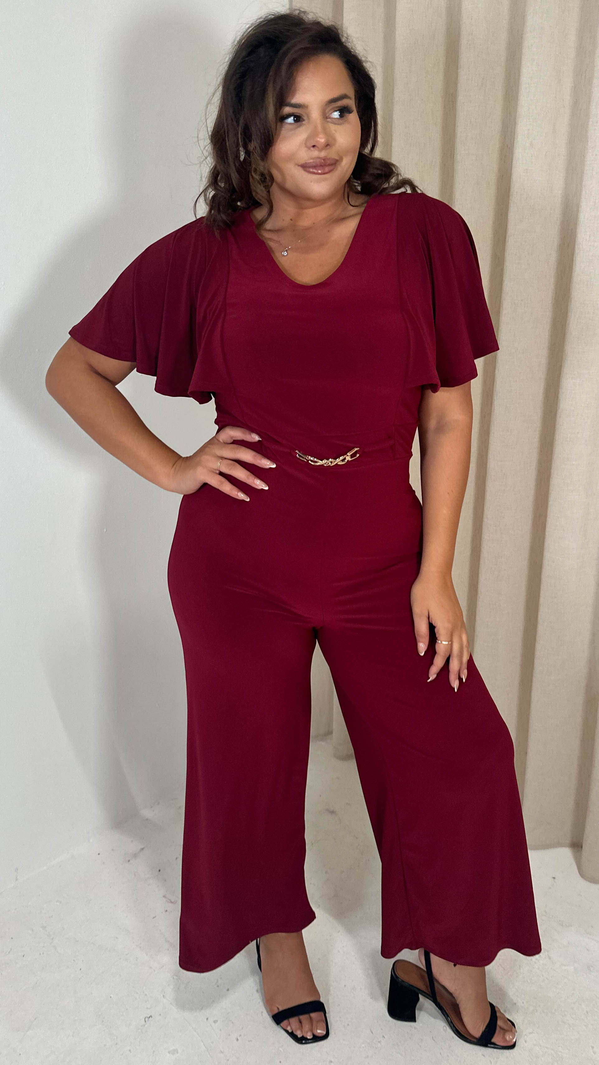 CurveWow Buckle Belt Wideleg Jumpsuit Wine