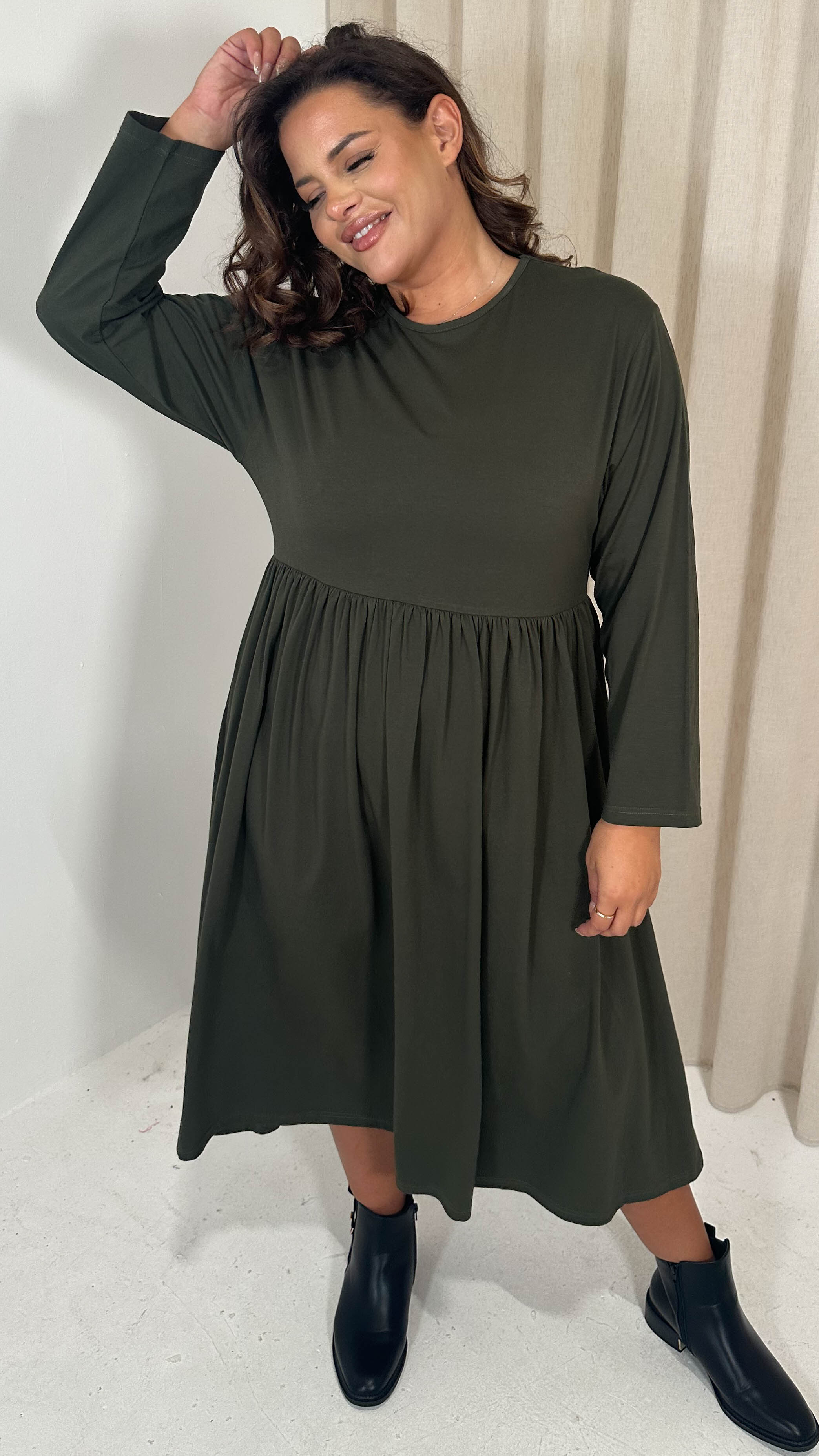 CurveWow Long Sleeve Elasticated Waist Midi Dress Khaki