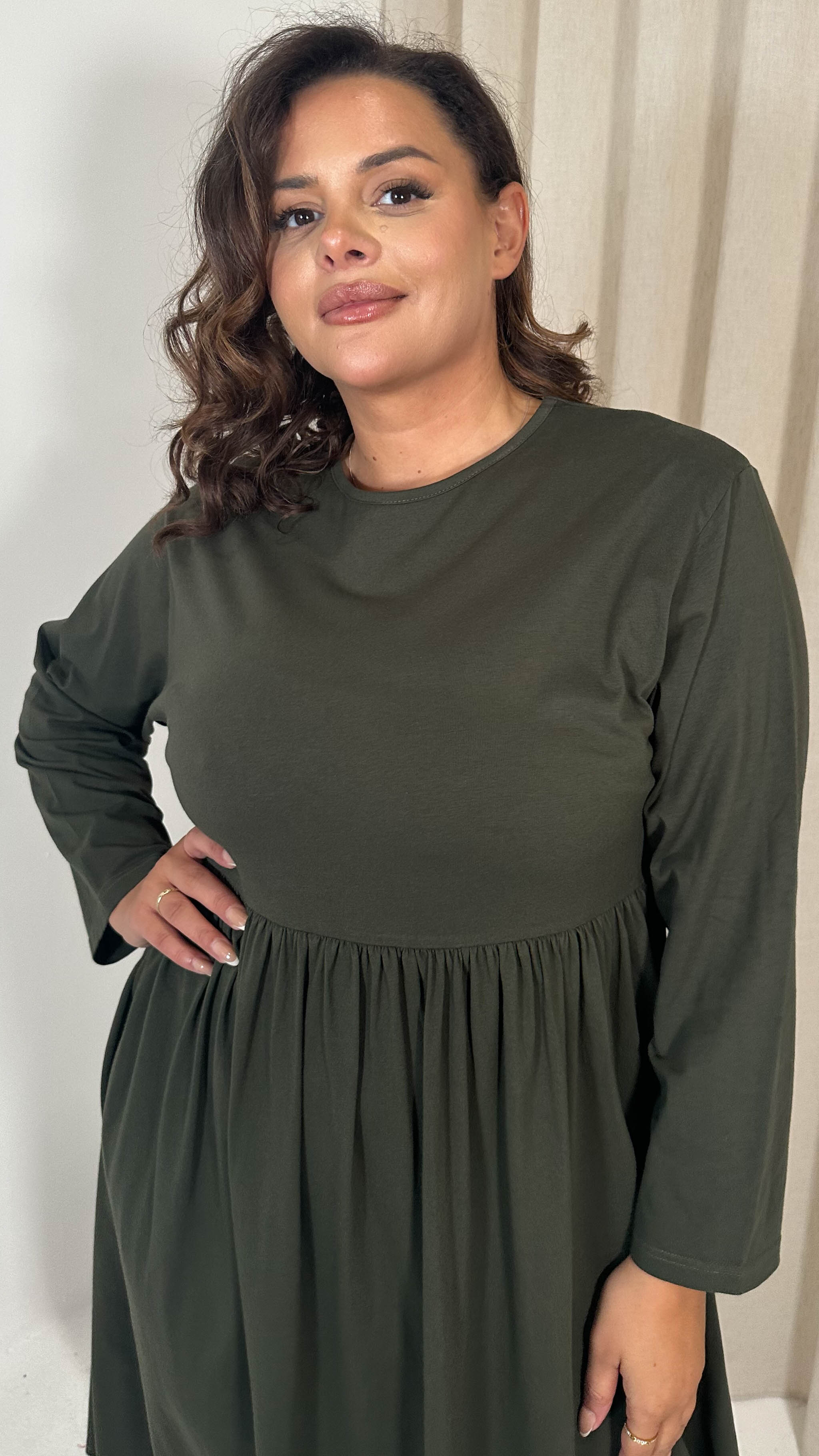 CurveWow Long Sleeve Elasticated Waist Midi Dress Khaki