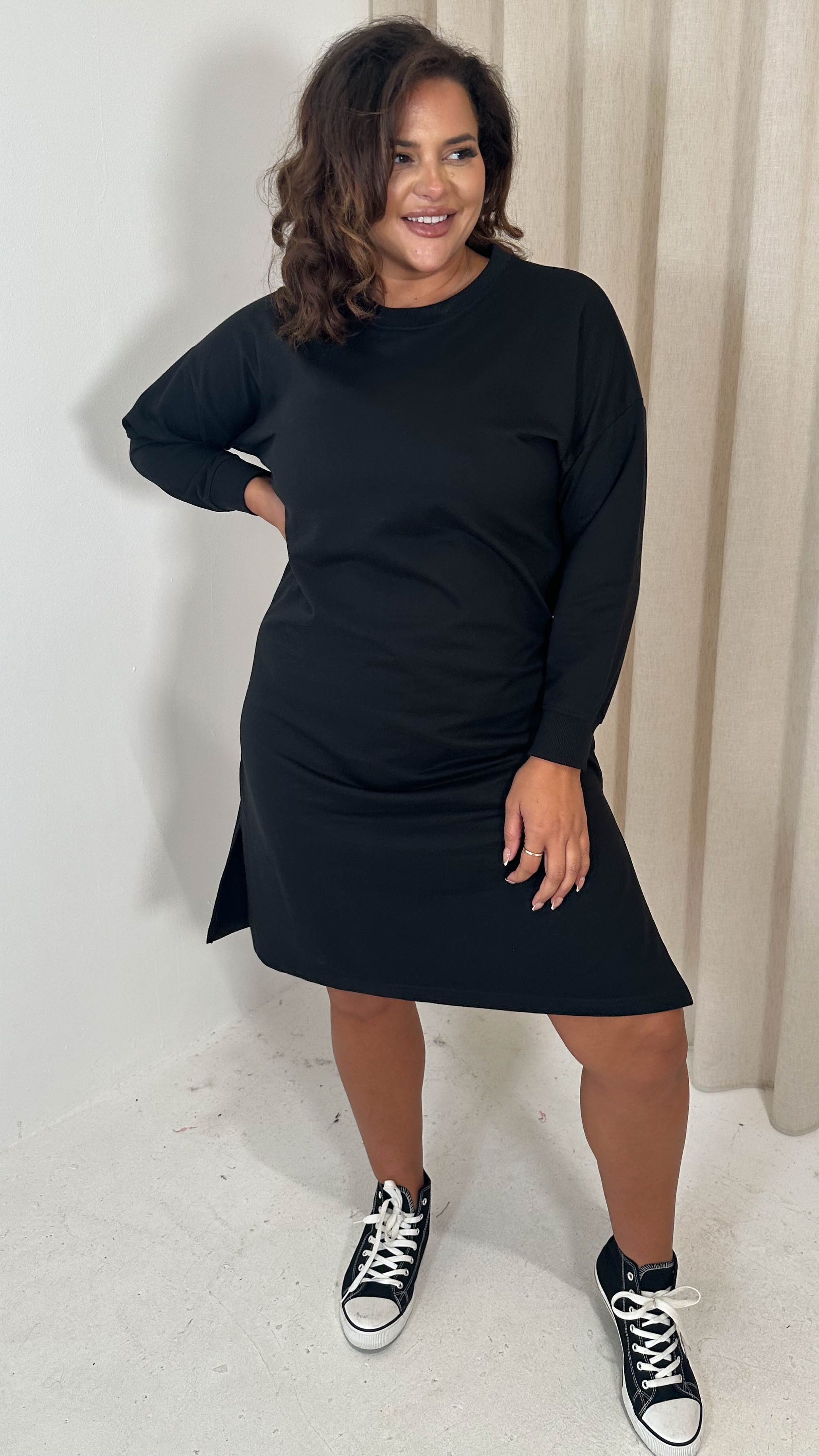 CurveWow Crew Neck Side Split Sweat Dress Black