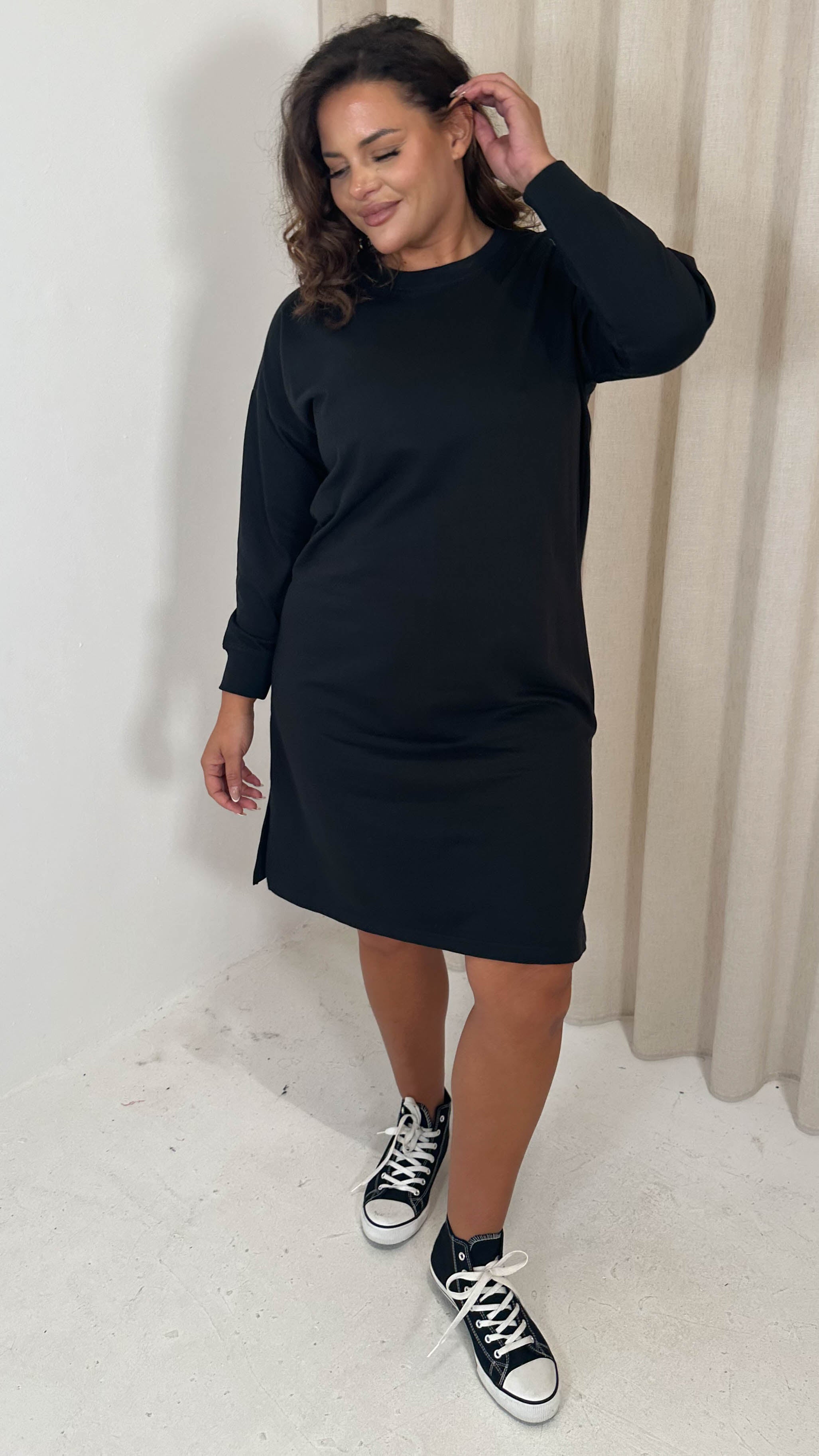 CurveWow Crew Neck Side Split Sweat Dress Black