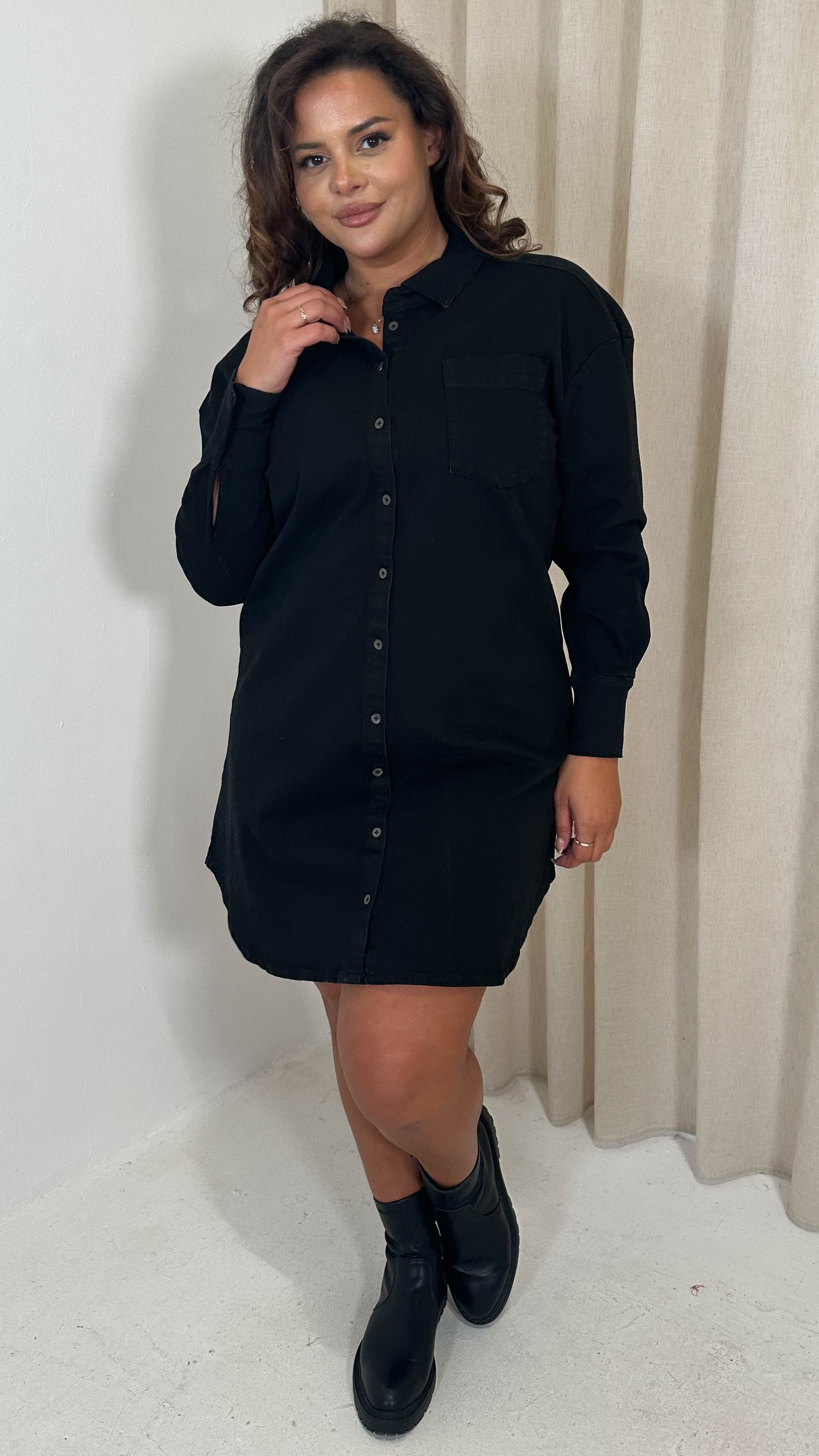 CurveWow Washed Look Denim Shirt Dress Black