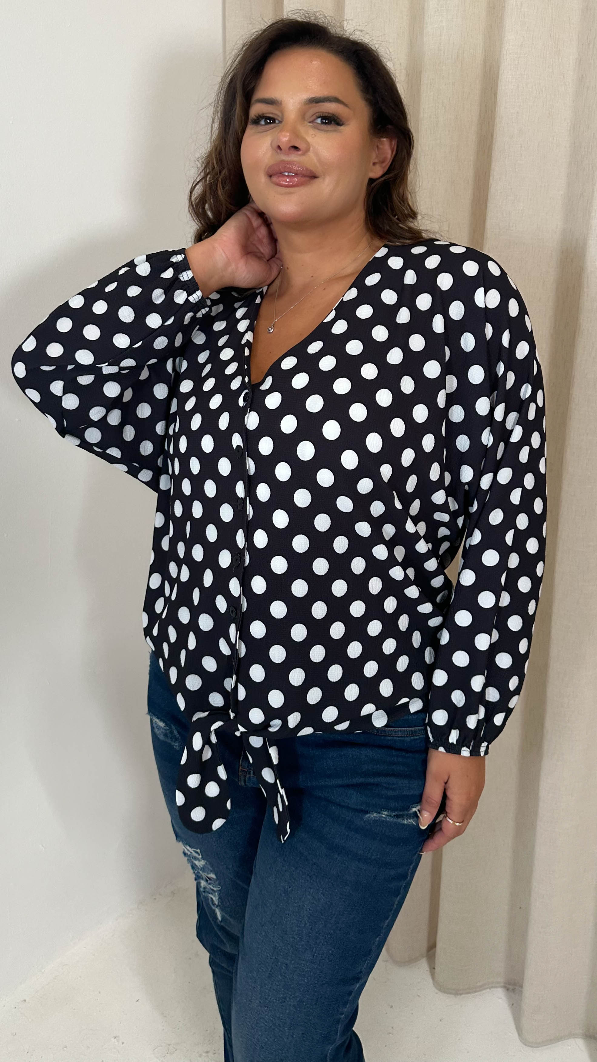 CurveWow Long Sleeve Tie Front Shirt White Polka Dot
