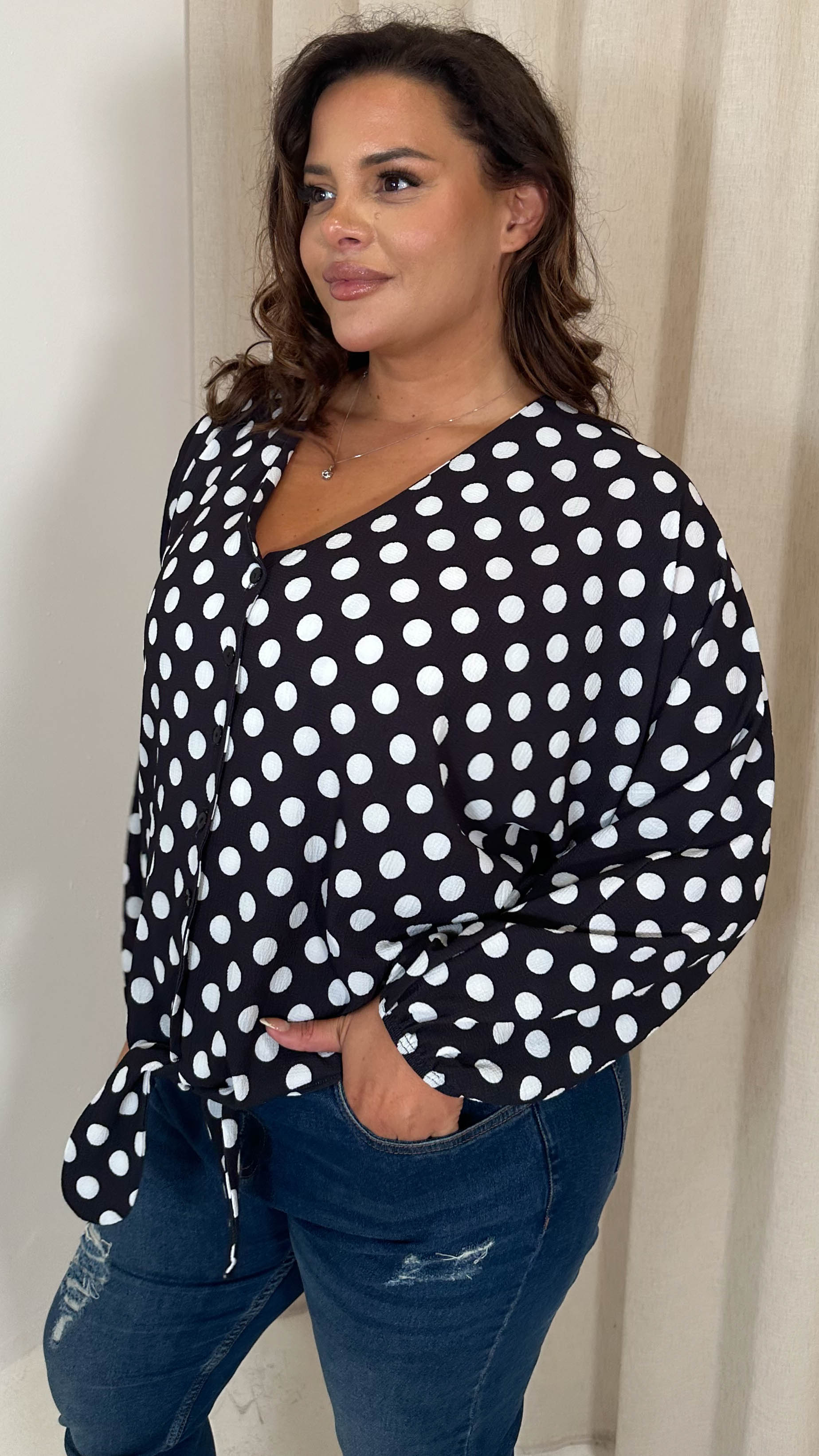 CurveWow Long Sleeve Tie Front Shirt White Polka Dot