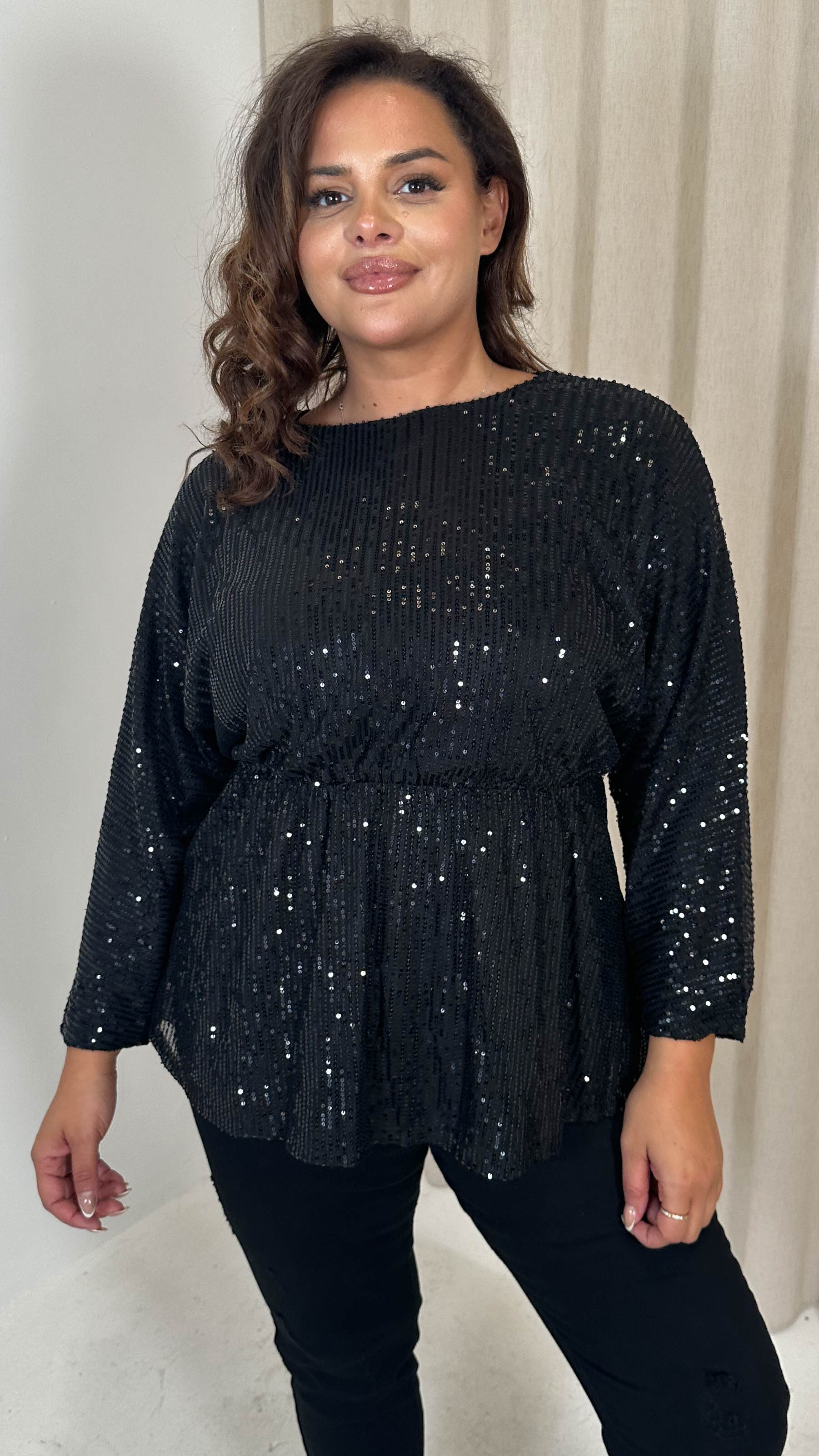 CurveWow Sequin Tunic Long Sleeve Top Black
