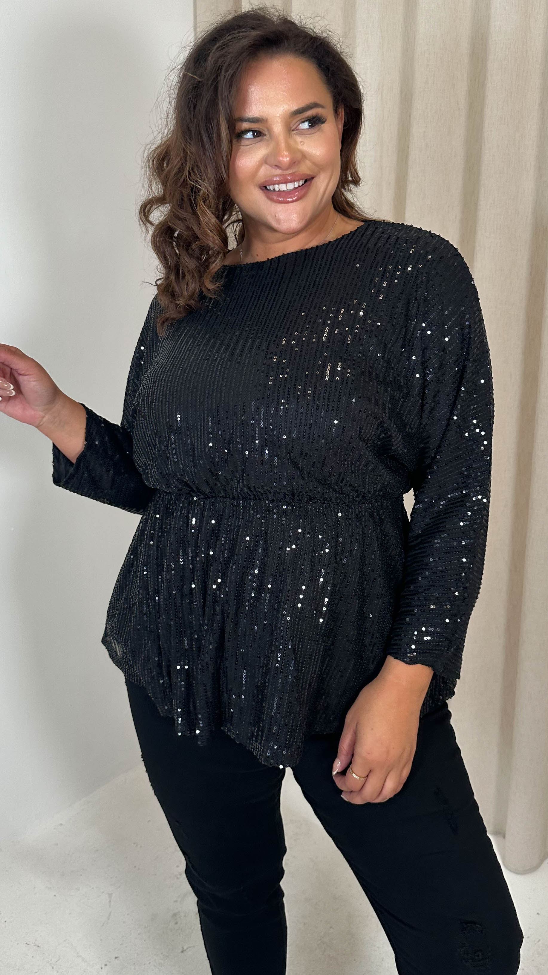 CurveWow Sequin Tunic Long Sleeve Top Black