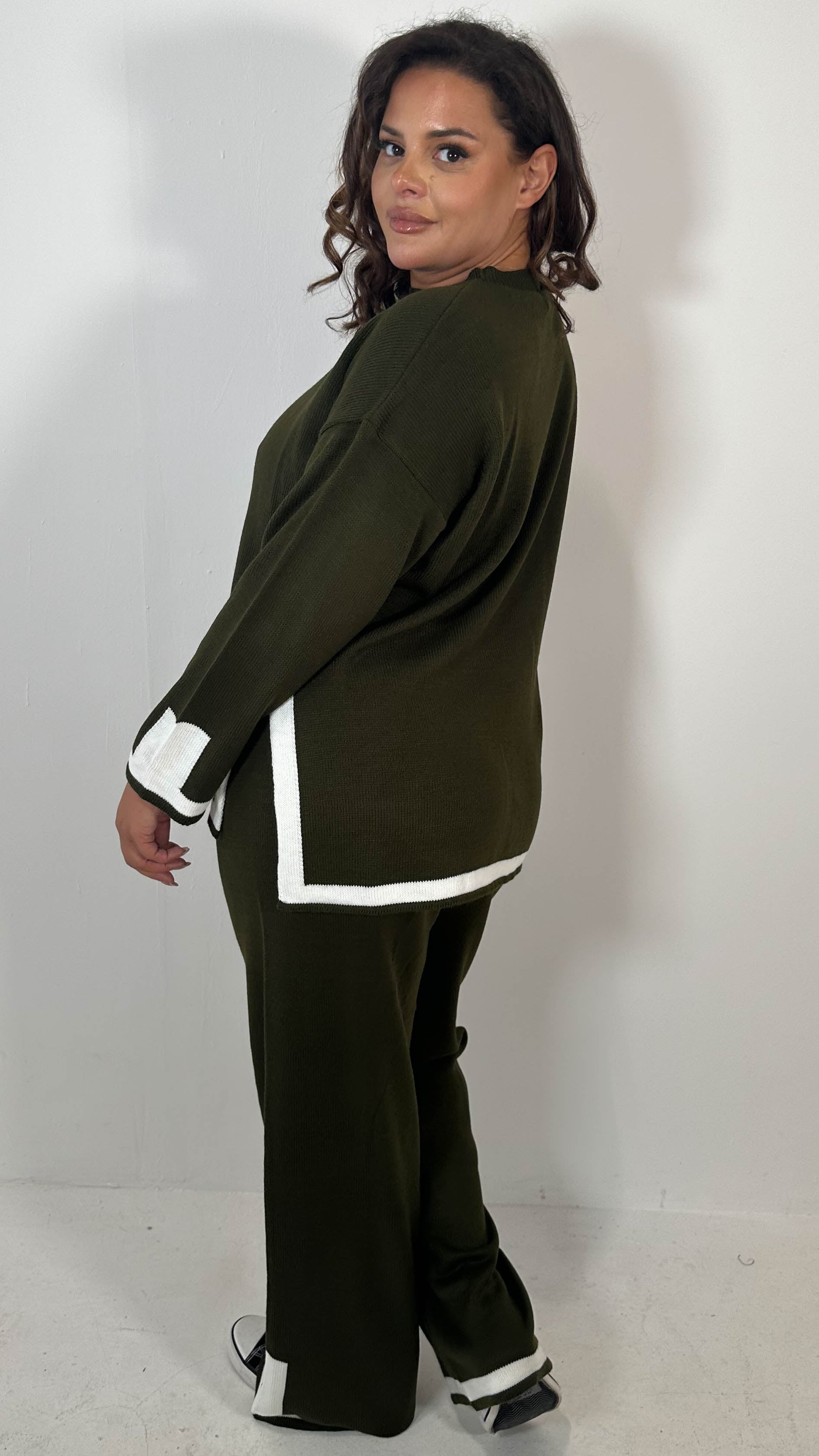 CurveWow Knitted Stripe Hem Co-Ord Khaki