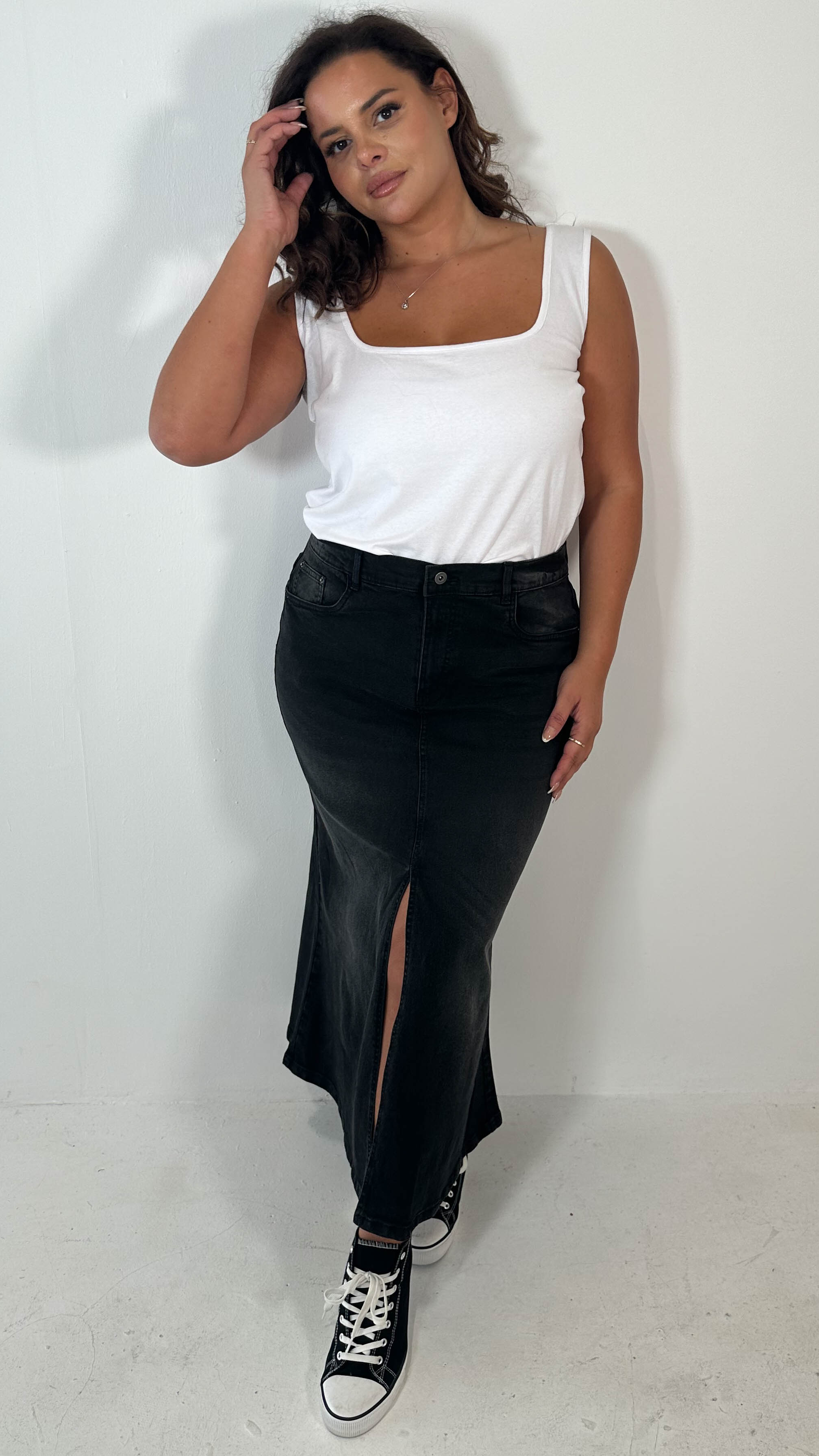 CurveWow Denim Split Front Midaxi Skirt Black