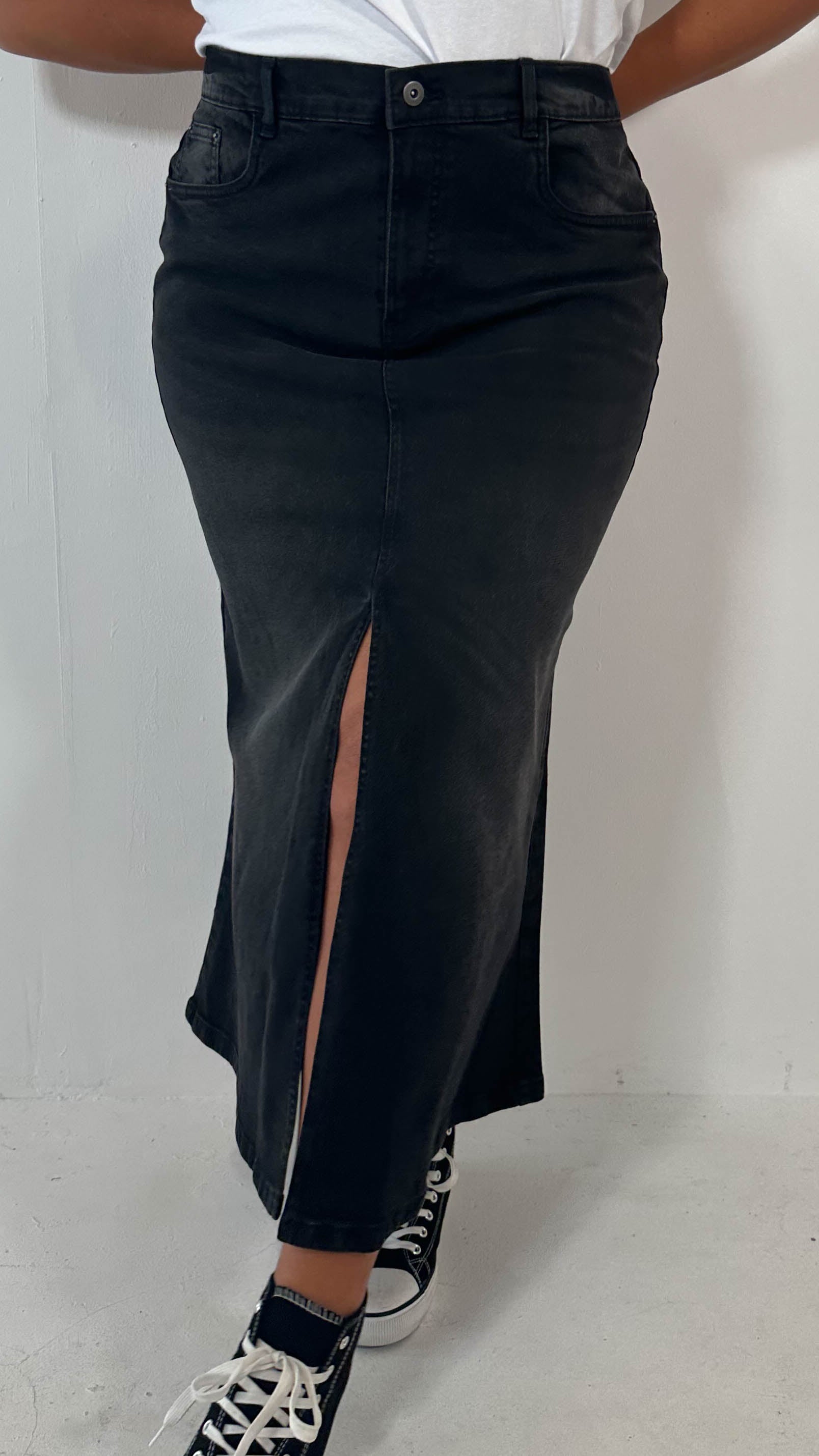 CurveWow Denim Split Front Midaxi Skirt Black