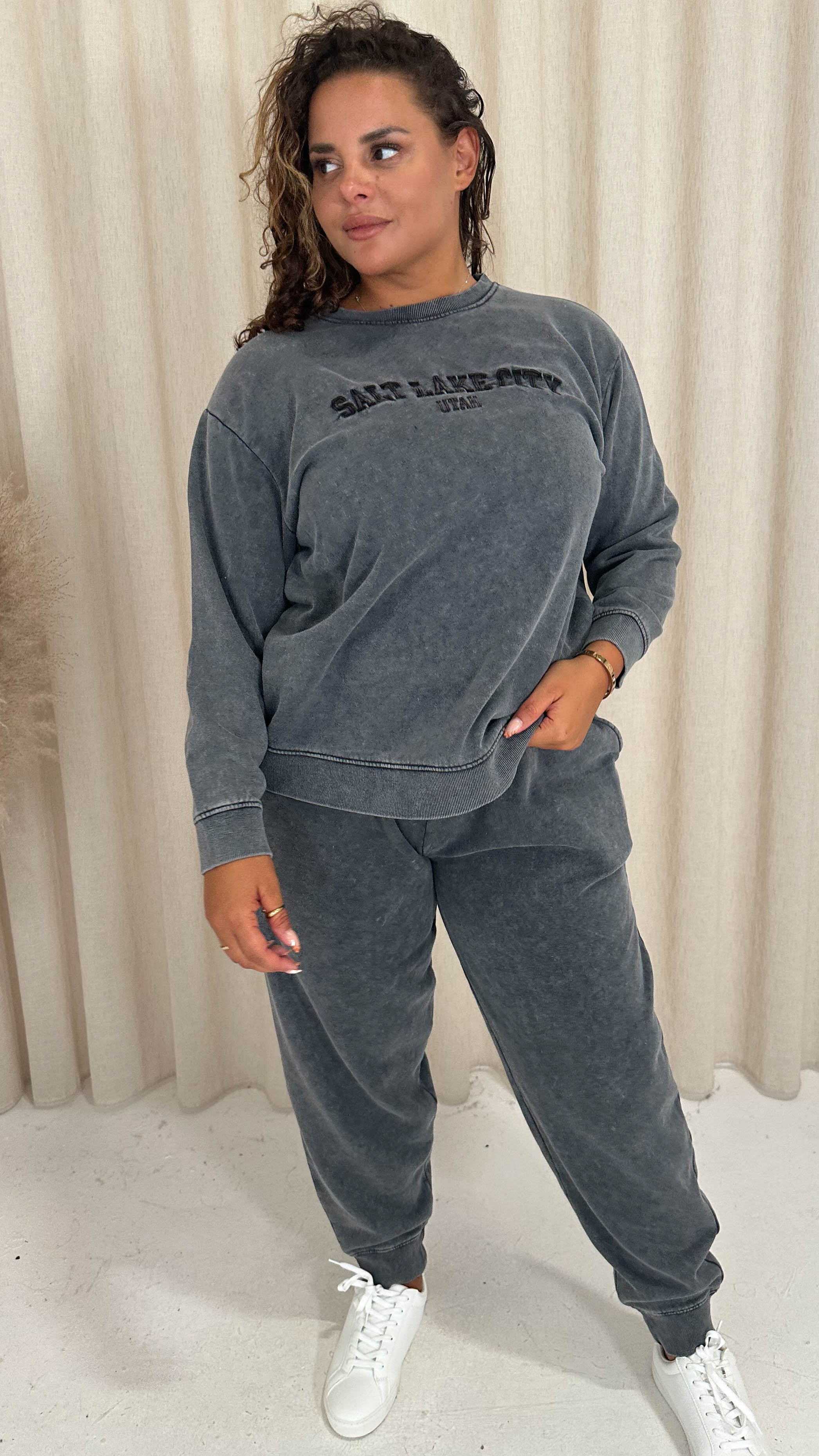 CurveWow Acid Wash Embroidered Sweater Charcoal Grey