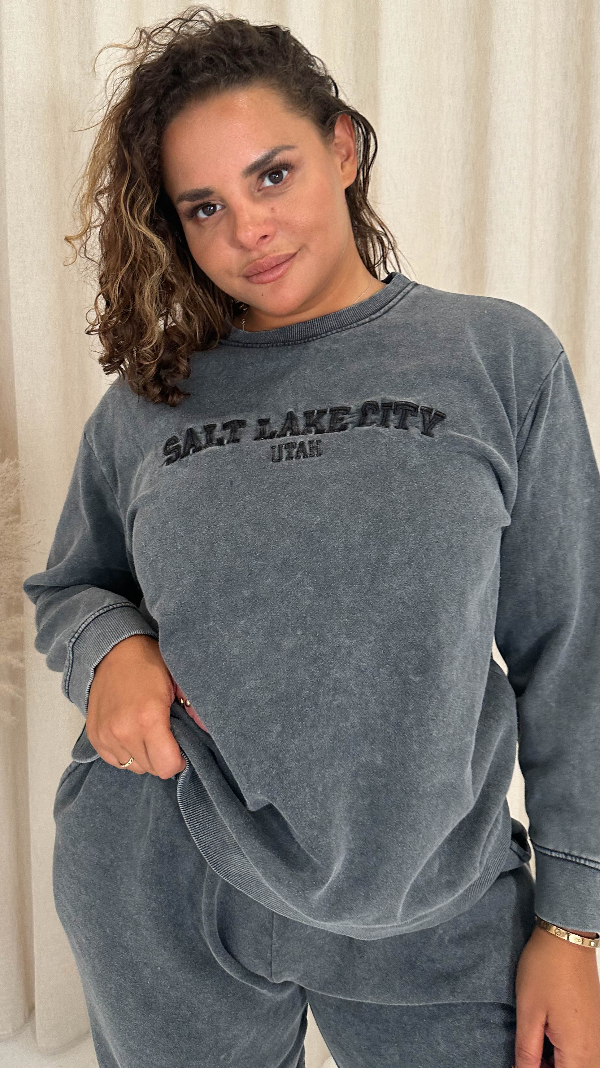 CurveWow Acid Wash Embroidered Sweater Charcoal Grey