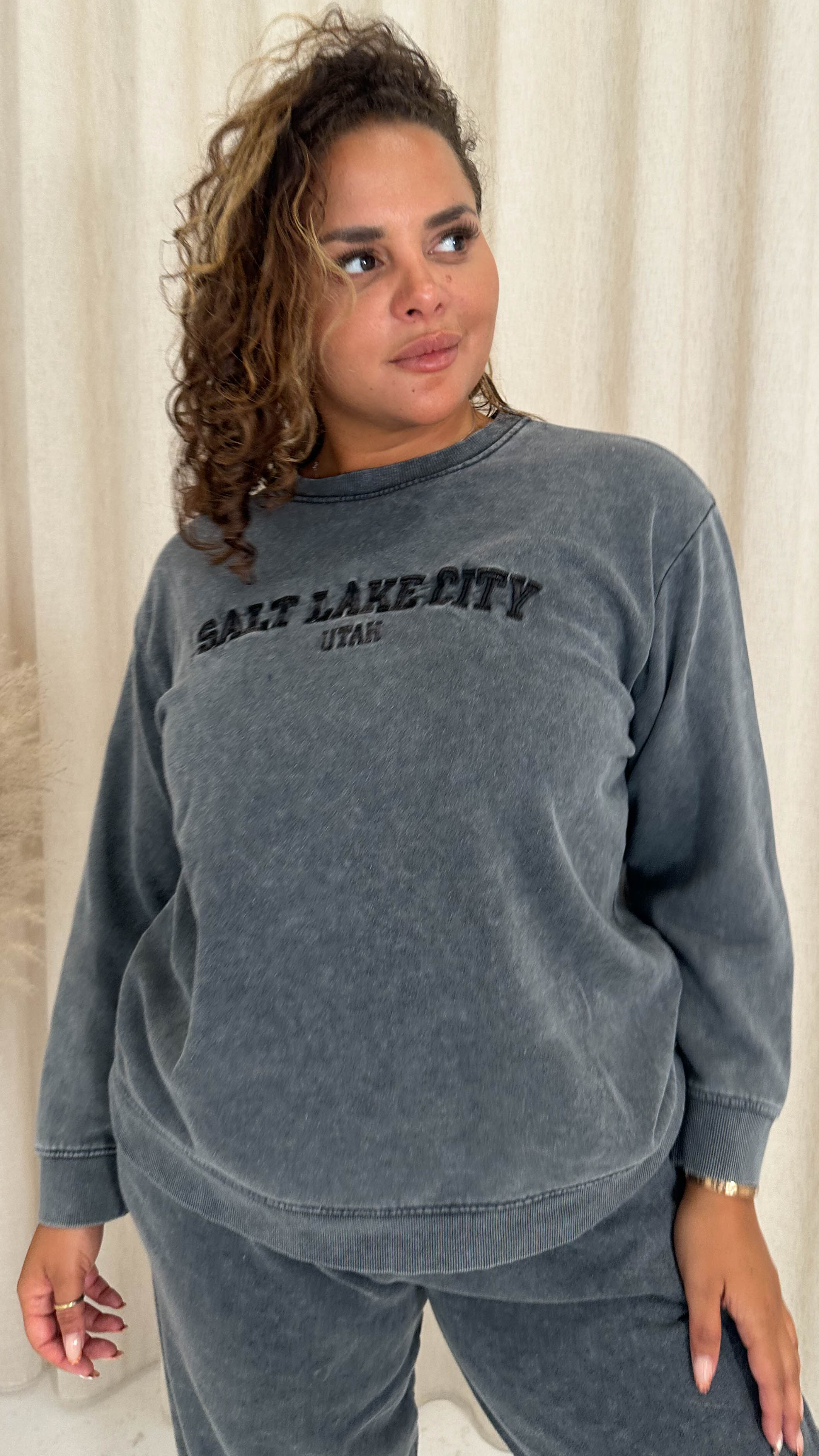 CurveWow Acid Wash Embroidered Sweater Charcoal Grey