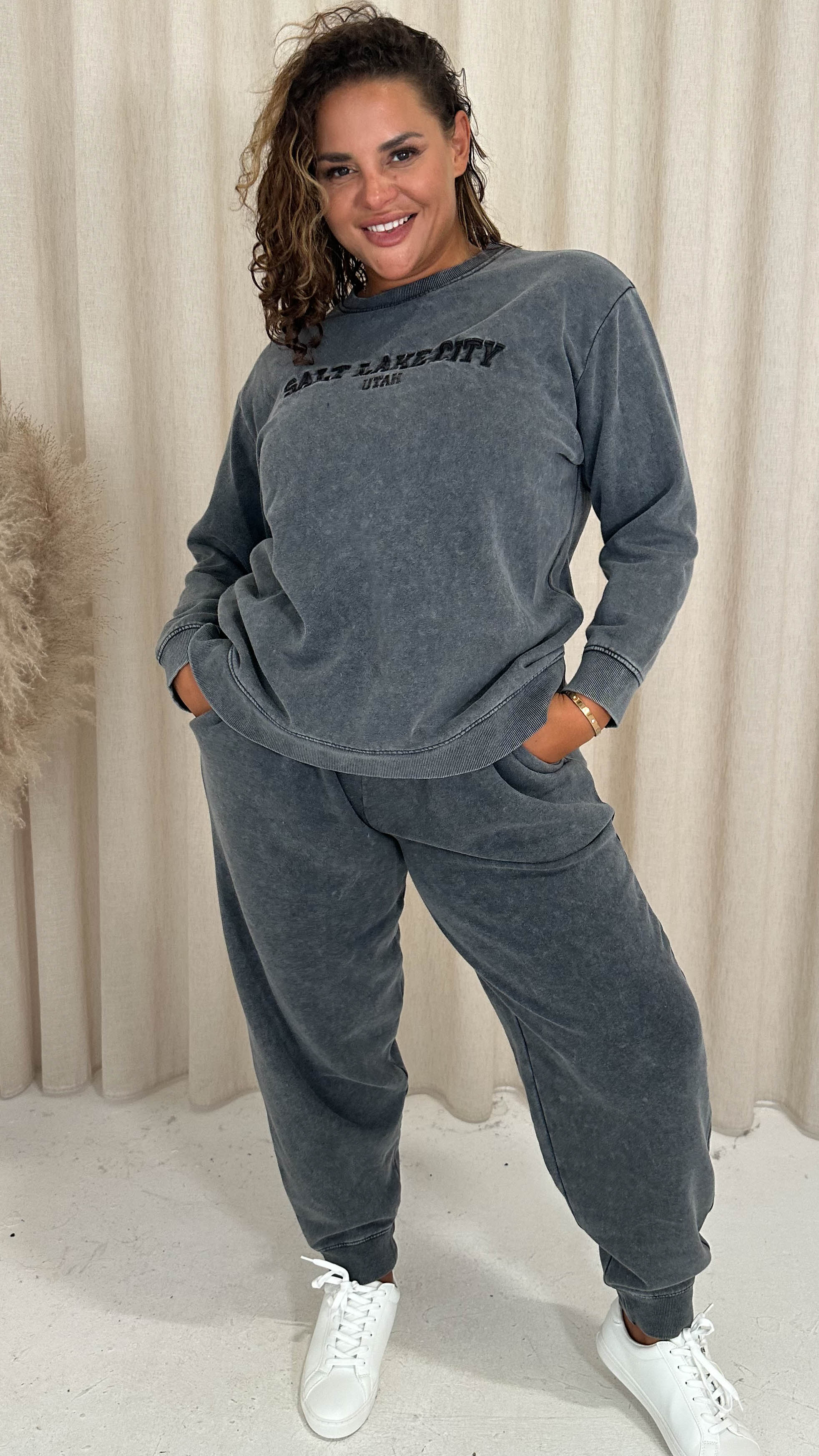 CurveWow Acid Wash Embroidered Sweater Charcoal Grey