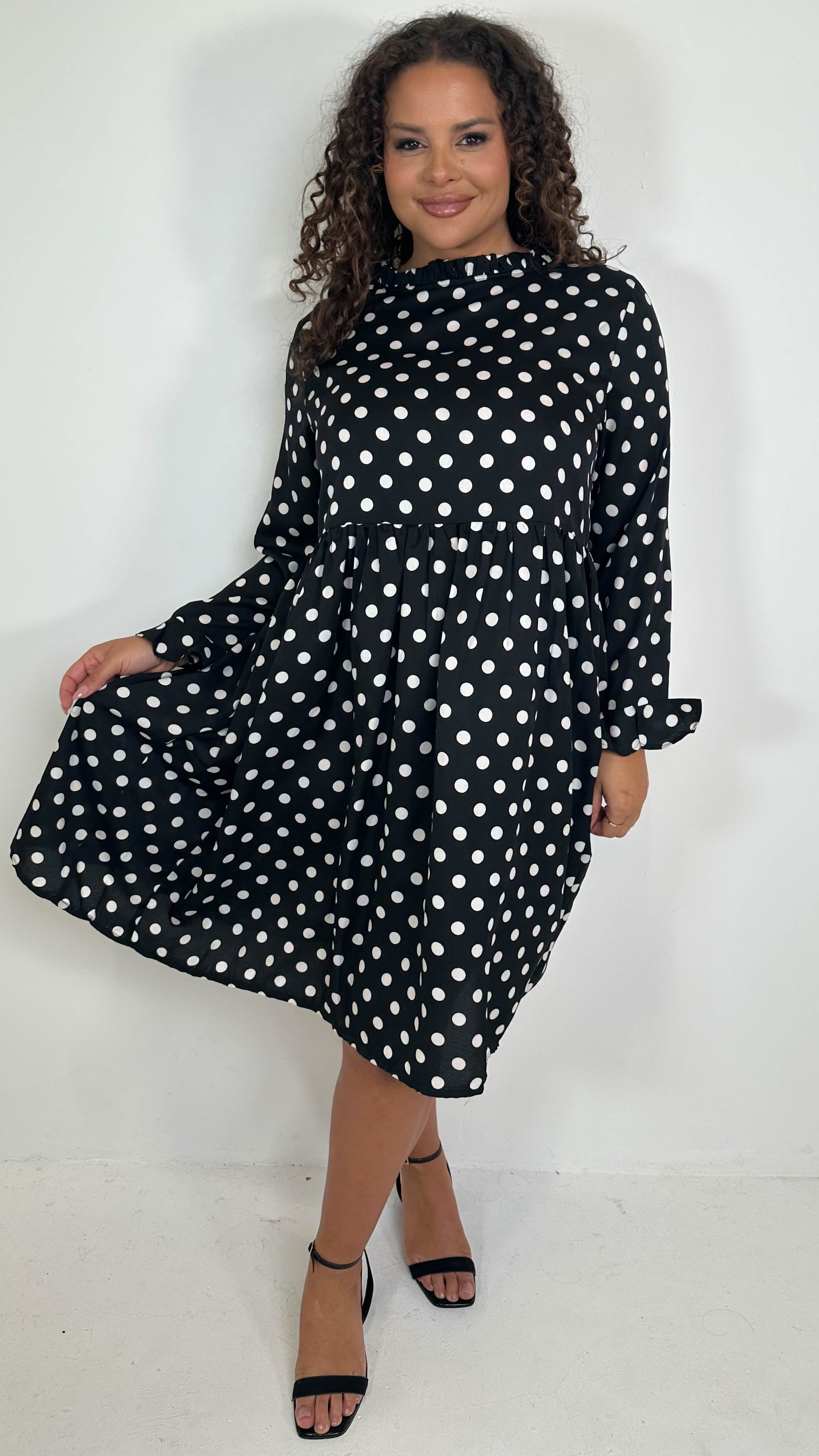 CurveWow High Neck Smock Dress White/Black Polka Dot