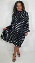CurveWow High Neck Smock Dress White/Black Polka Dot