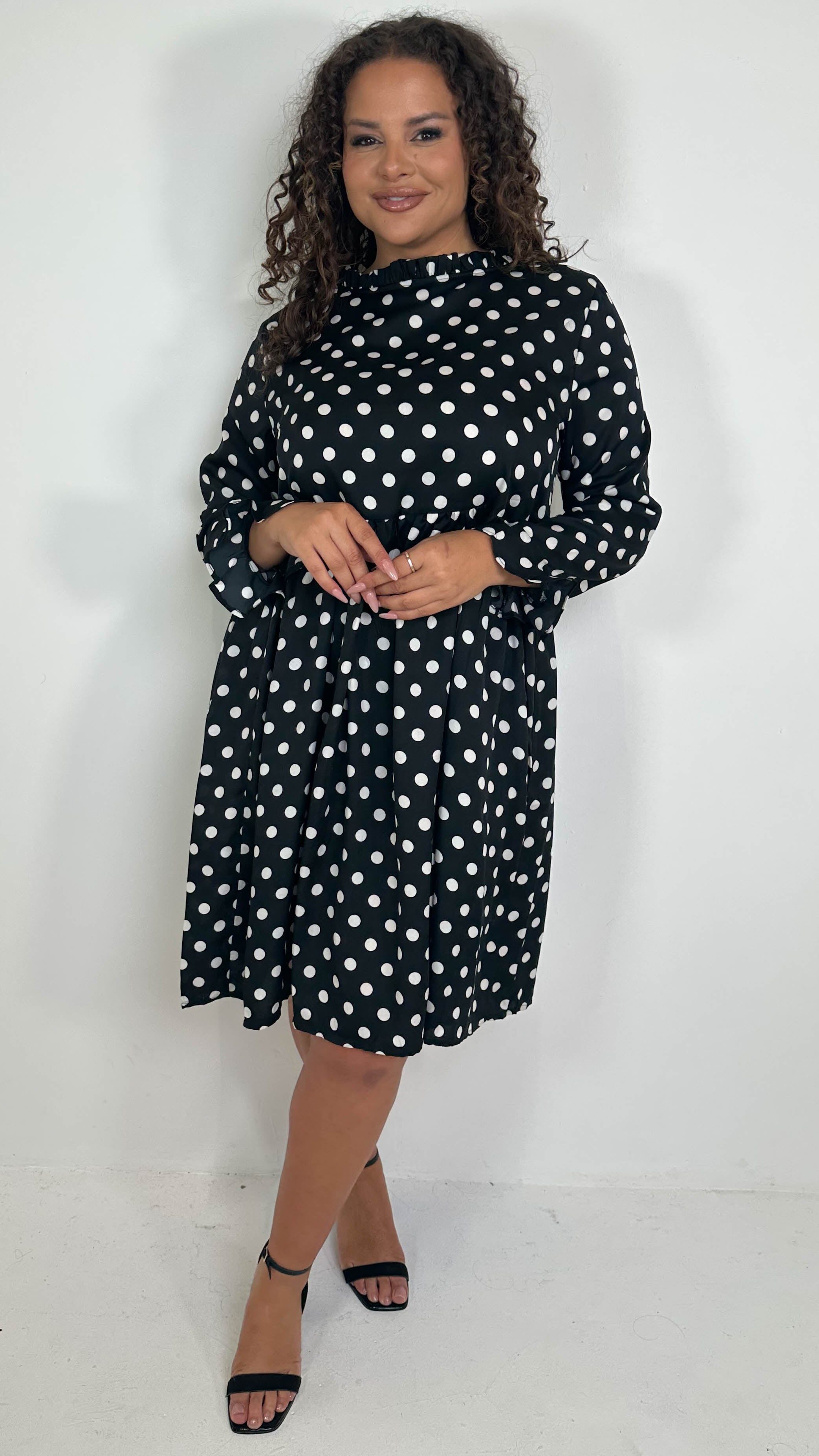 CurveWow High Neck Smock Dress White/Black Polka Dot