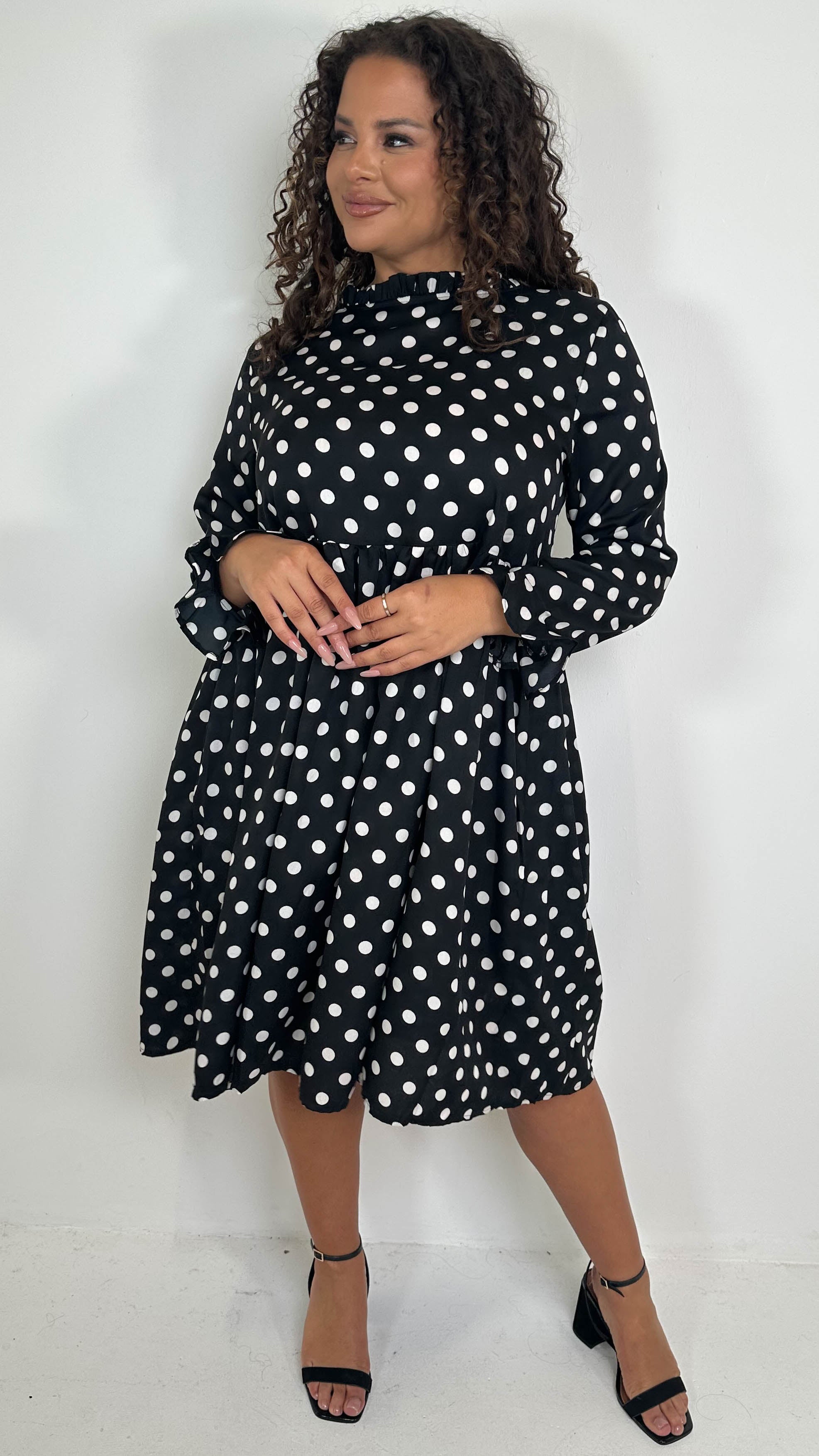 CurveWow High Neck Smock Dress White/Black Polka Dot