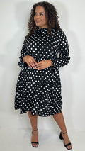 CurveWow High Neck Smock Dress White/Black Polka Dot