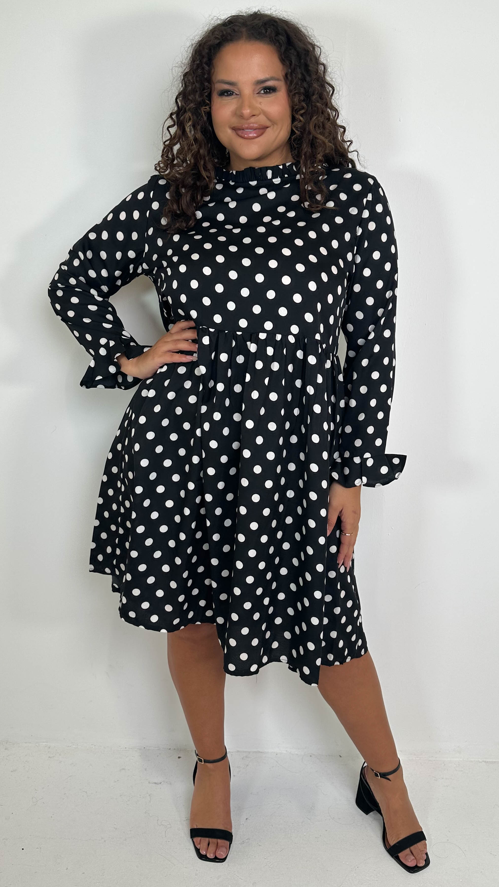 CurveWow High Neck Smock Dress White/Black Polka Dot