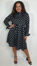 CurveWow High Neck Smock Dress White/Black Polka Dot