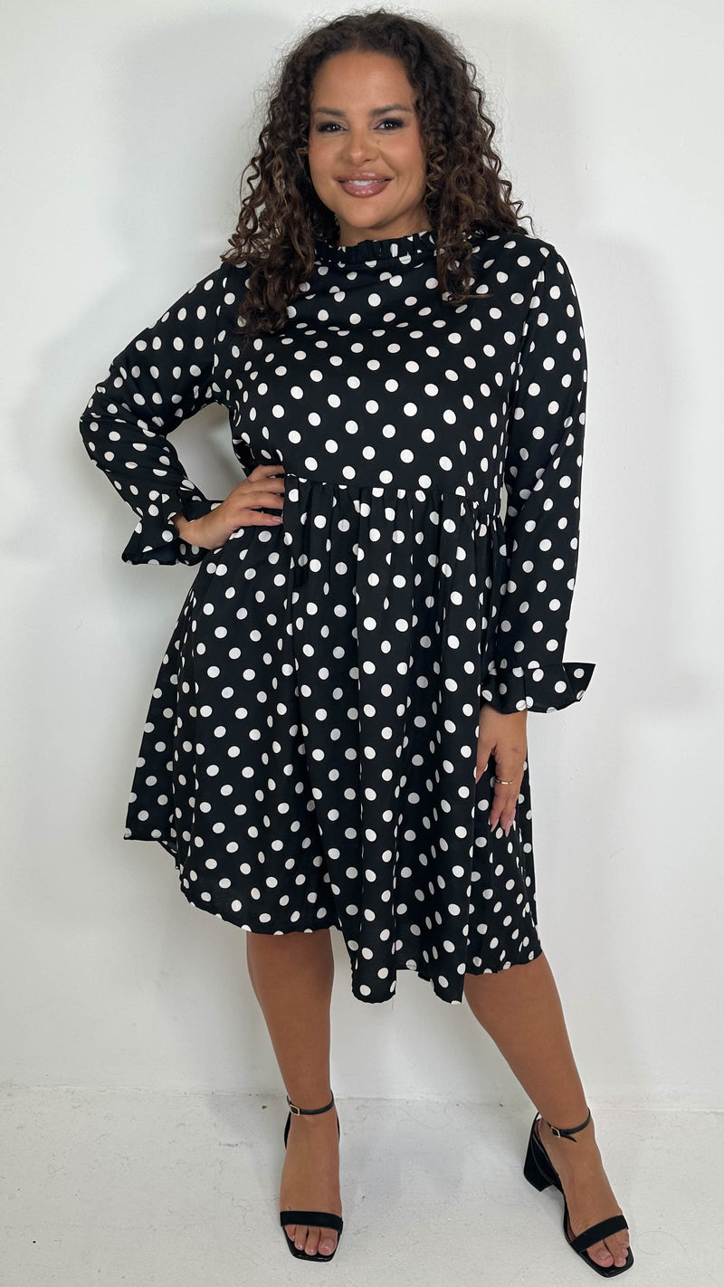 CurveWow High Neck Smock Dress White/Black Polka Dot
