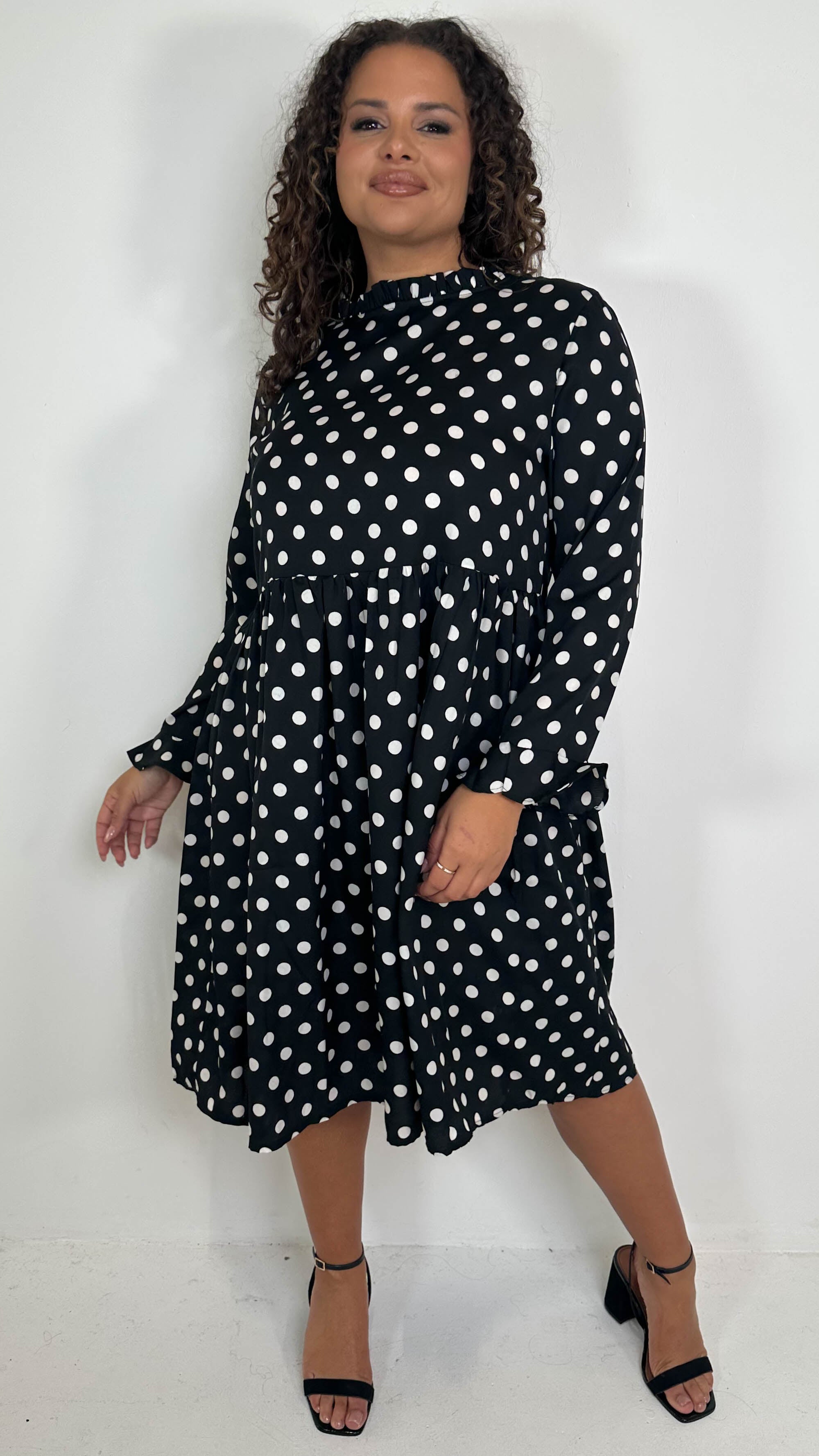 CurveWow High Neck Smock Dress White/Black Polka Dot