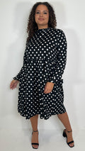 CurveWow High Neck Smock Dress White/Black Polka Dot