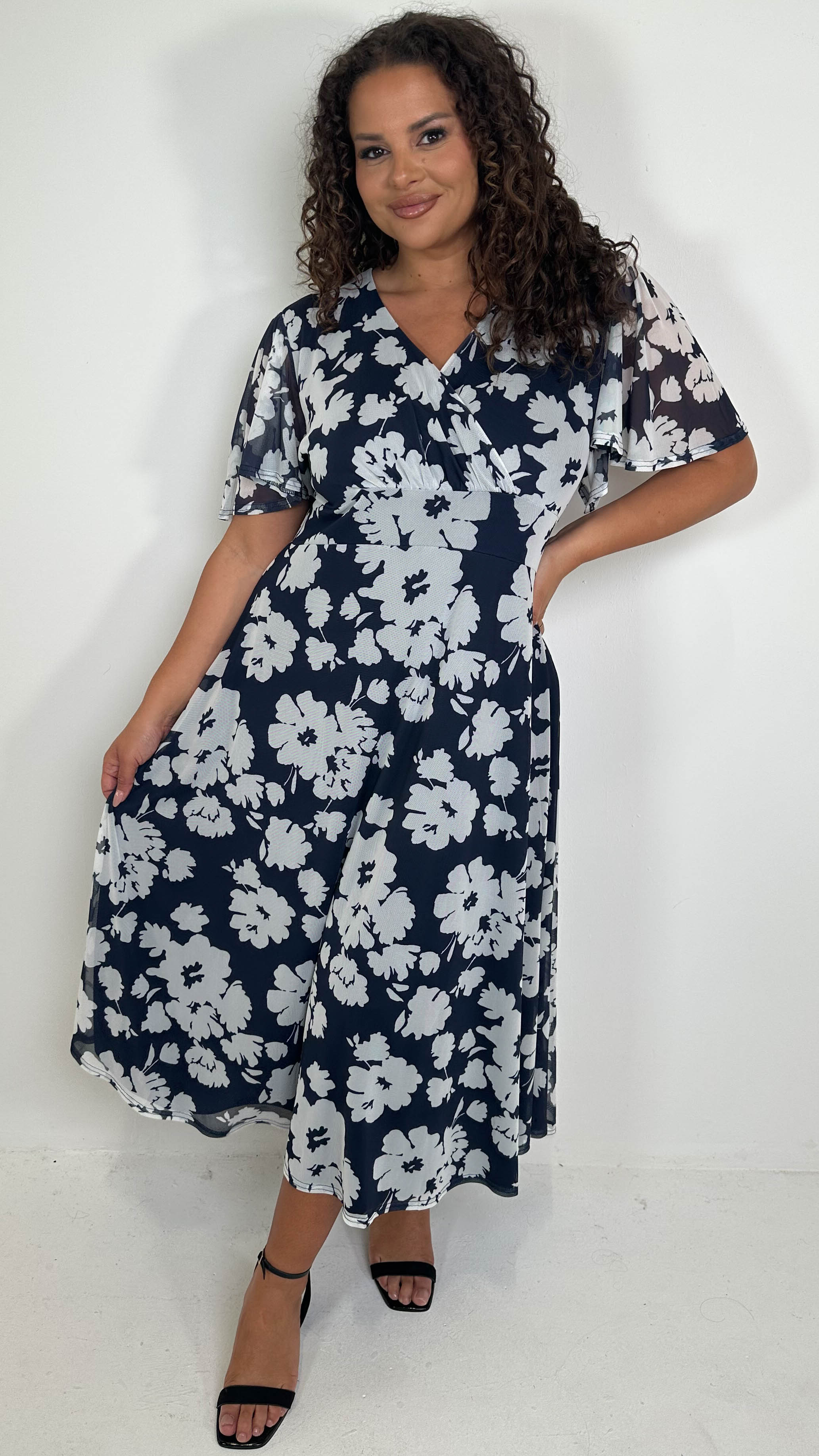 CurveWow Mesh Angel Sleeve Dress Navy Ivory Floral