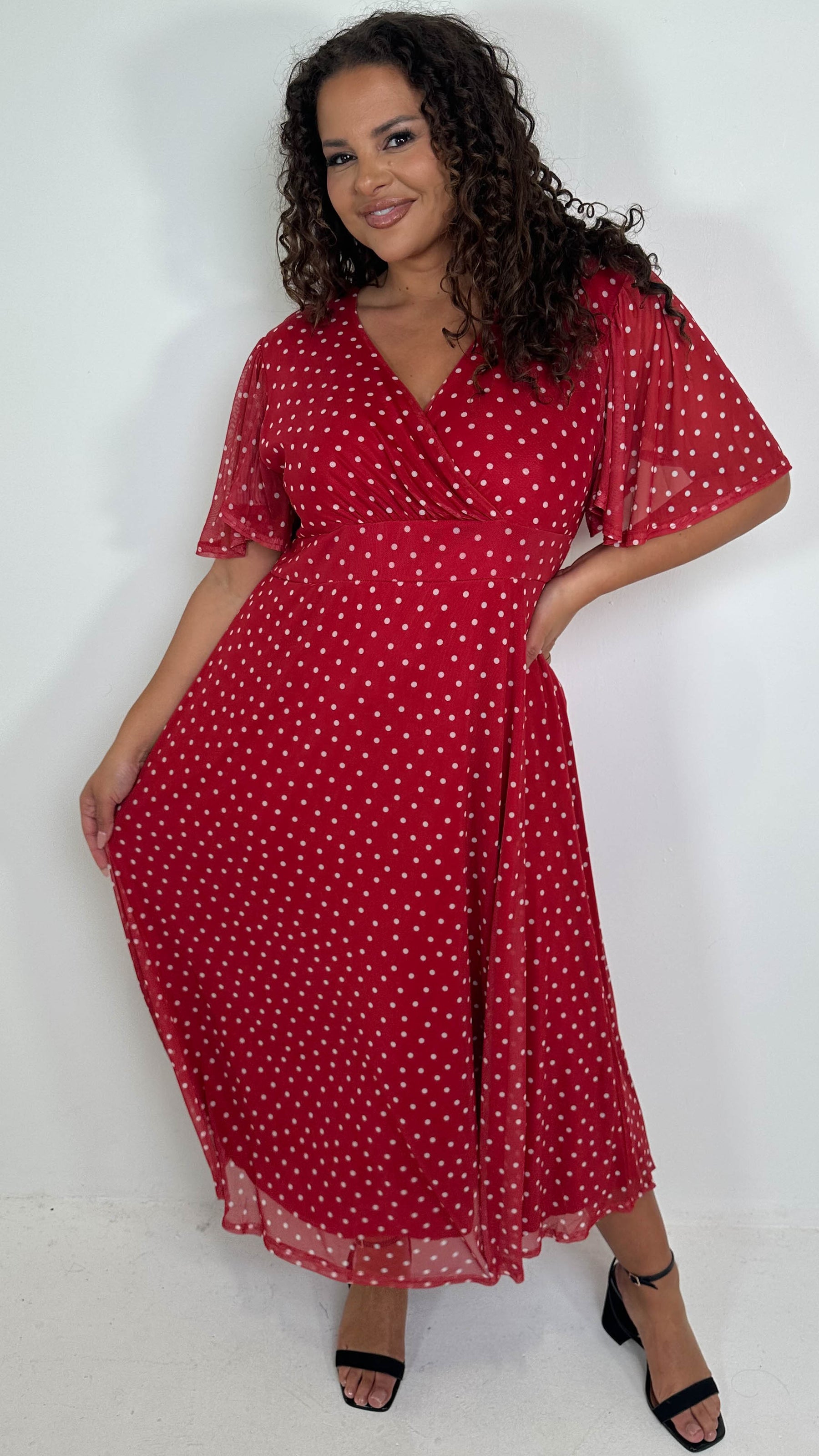 red angel sleeve dress Cami Angel Sleeve Faux Wrap Dress Red