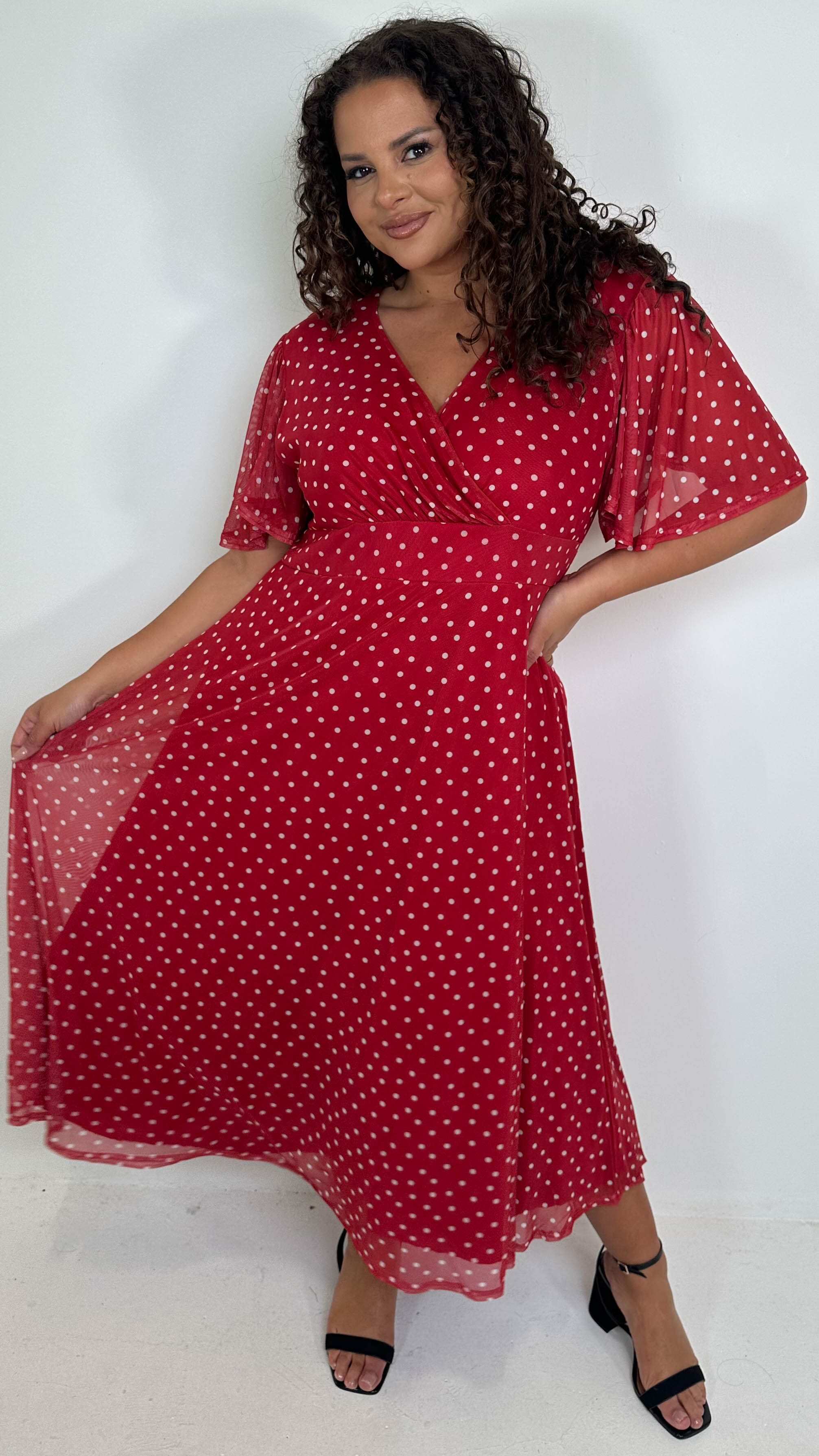 CurveWow Mesh Angel Sleeve Dress Red Spot