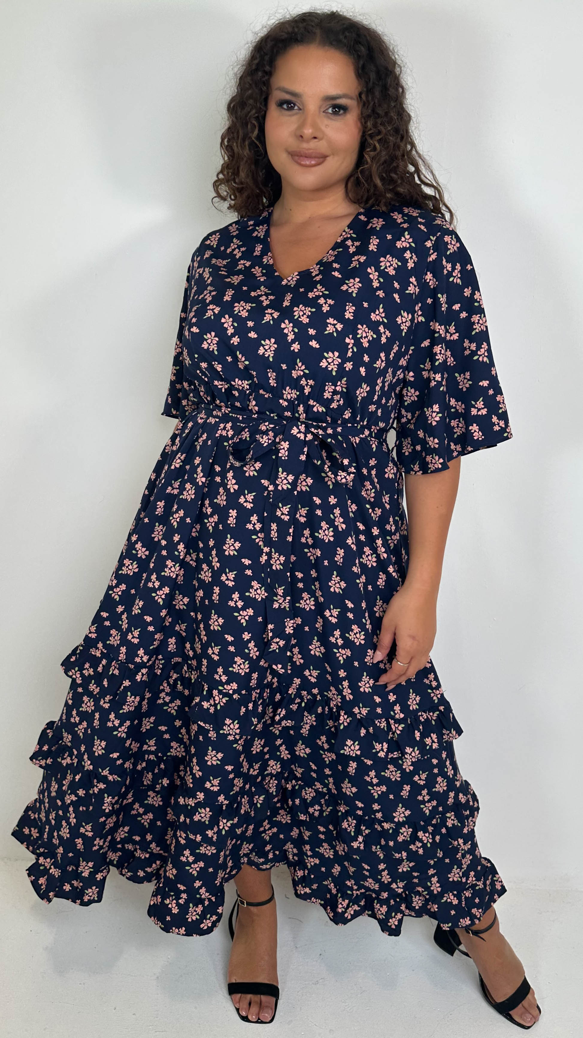 Floral Ruffle V Neck Dress CurveWow V-Neck Ruffle Hem Floral Maxi