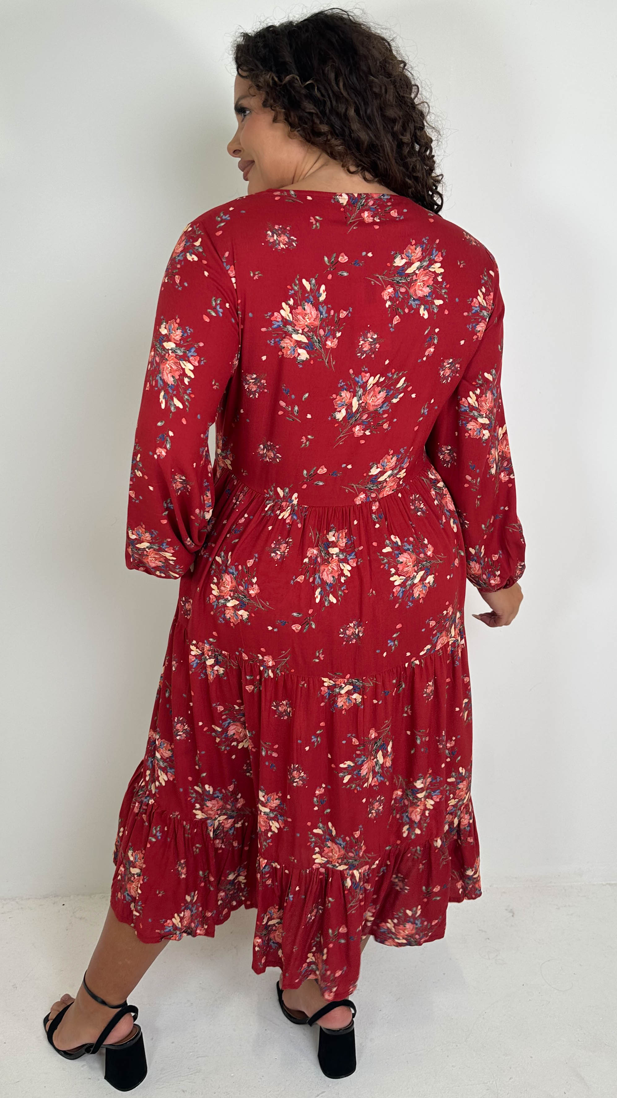 CurveWow Tassel Tiered Dress Floral Wine