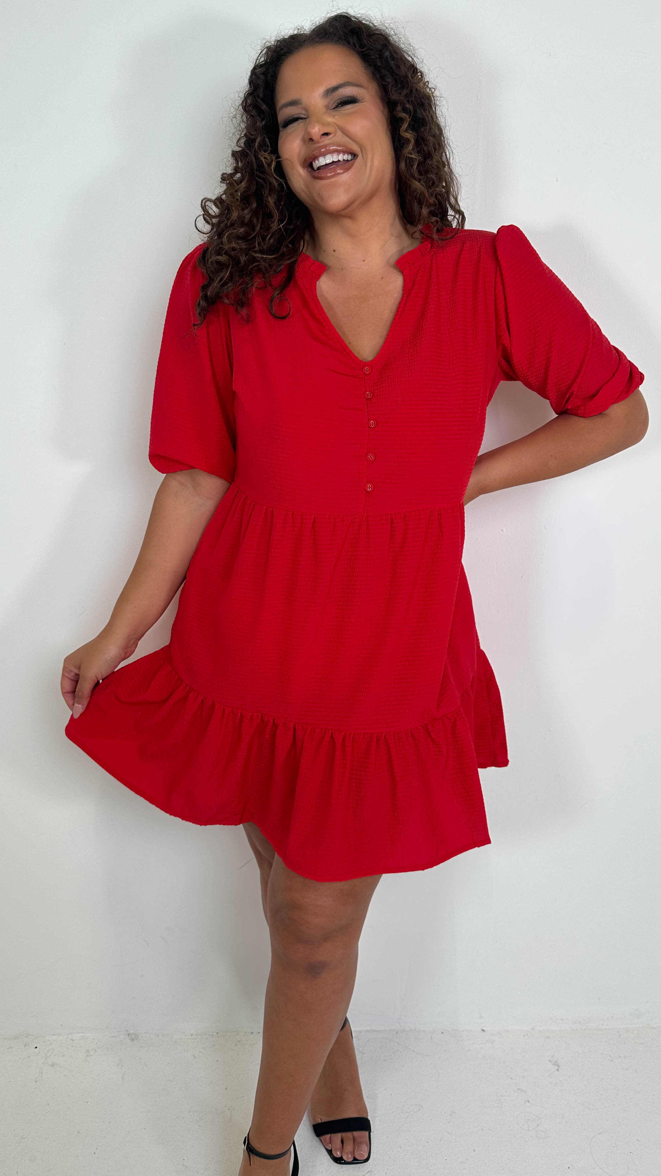CurveWow Textured Seersucker Mini Dress Red