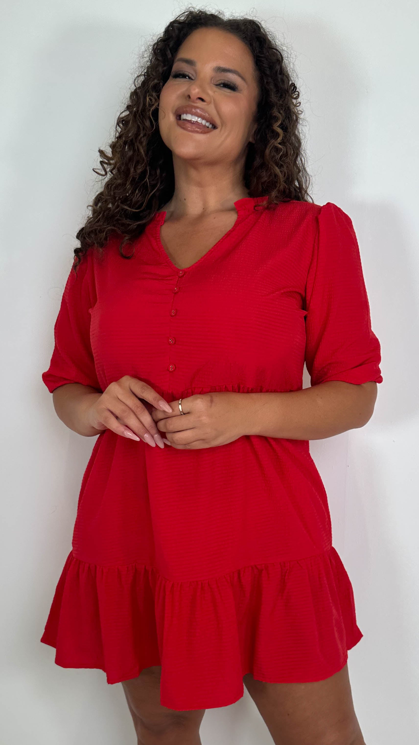 CurveWow Textured Seersucker Mini Dress Red