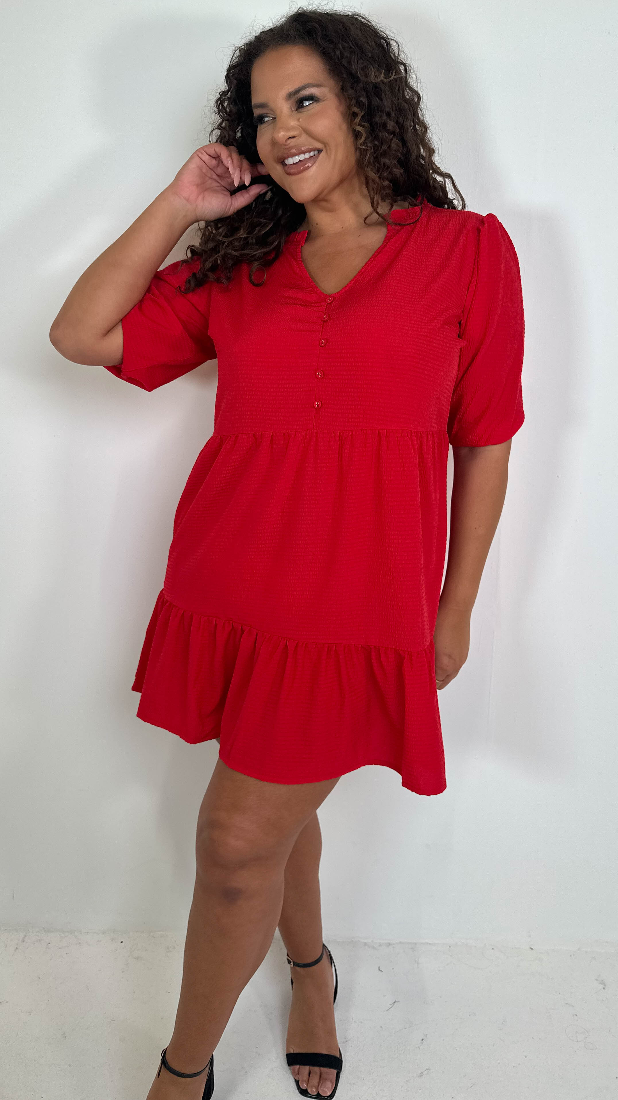 CurveWow Textured Seersucker Mini Dress Red