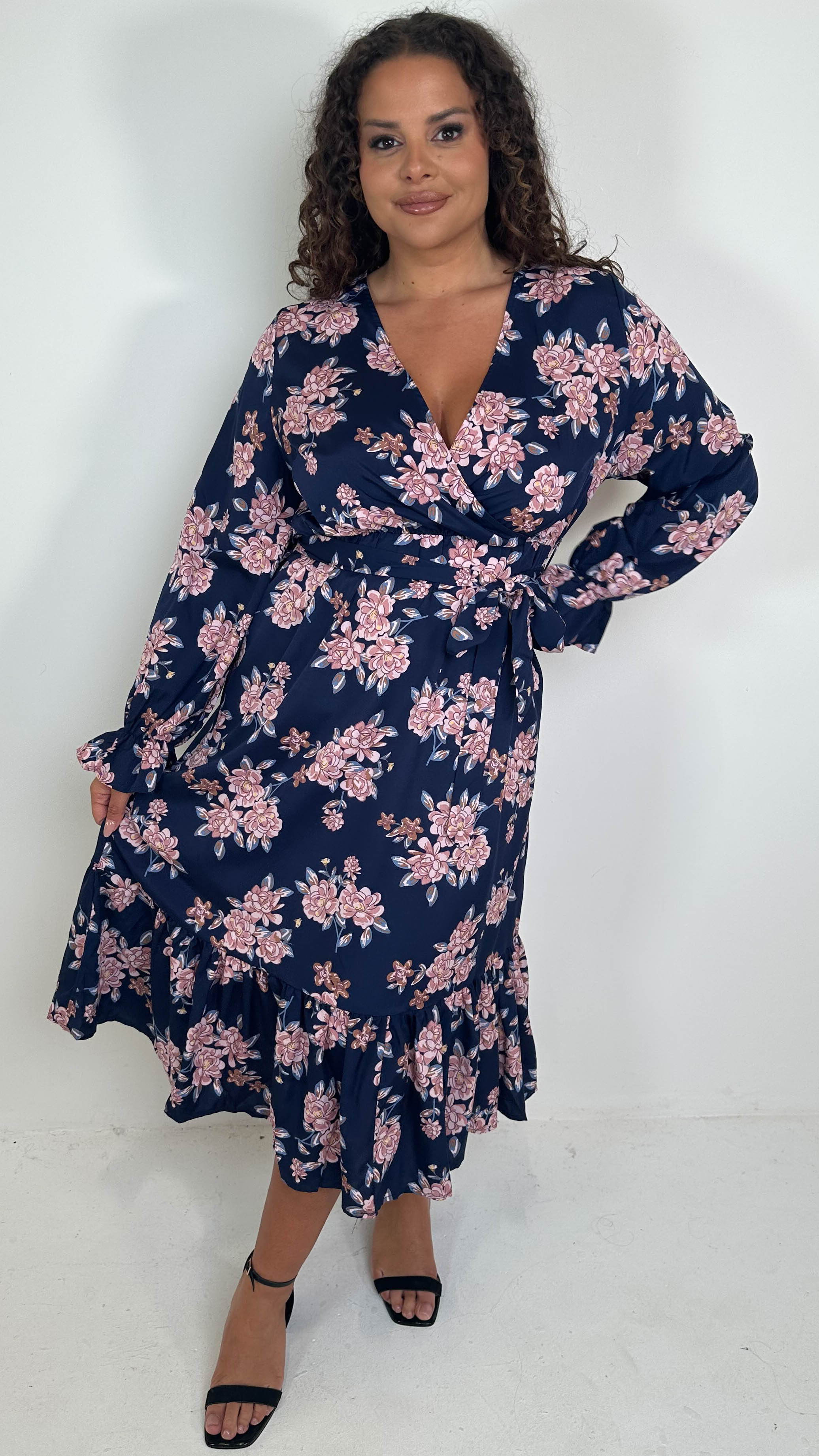 CurveWow Long Sleeve Floral Wrap Midaxi Dress Navy/Pink